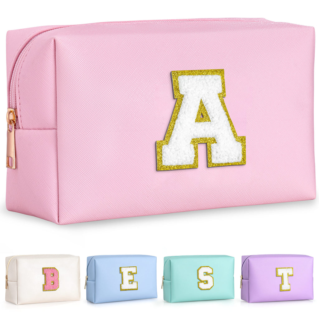 YOOLIFE Initial Makeup Bag, Birthday Gifts for 4 5 6 7 8 9 10 11 12 Year Old Teen Girls, Personalized Preppy Cosmetic Bags Toiletry Bag (Pink A)