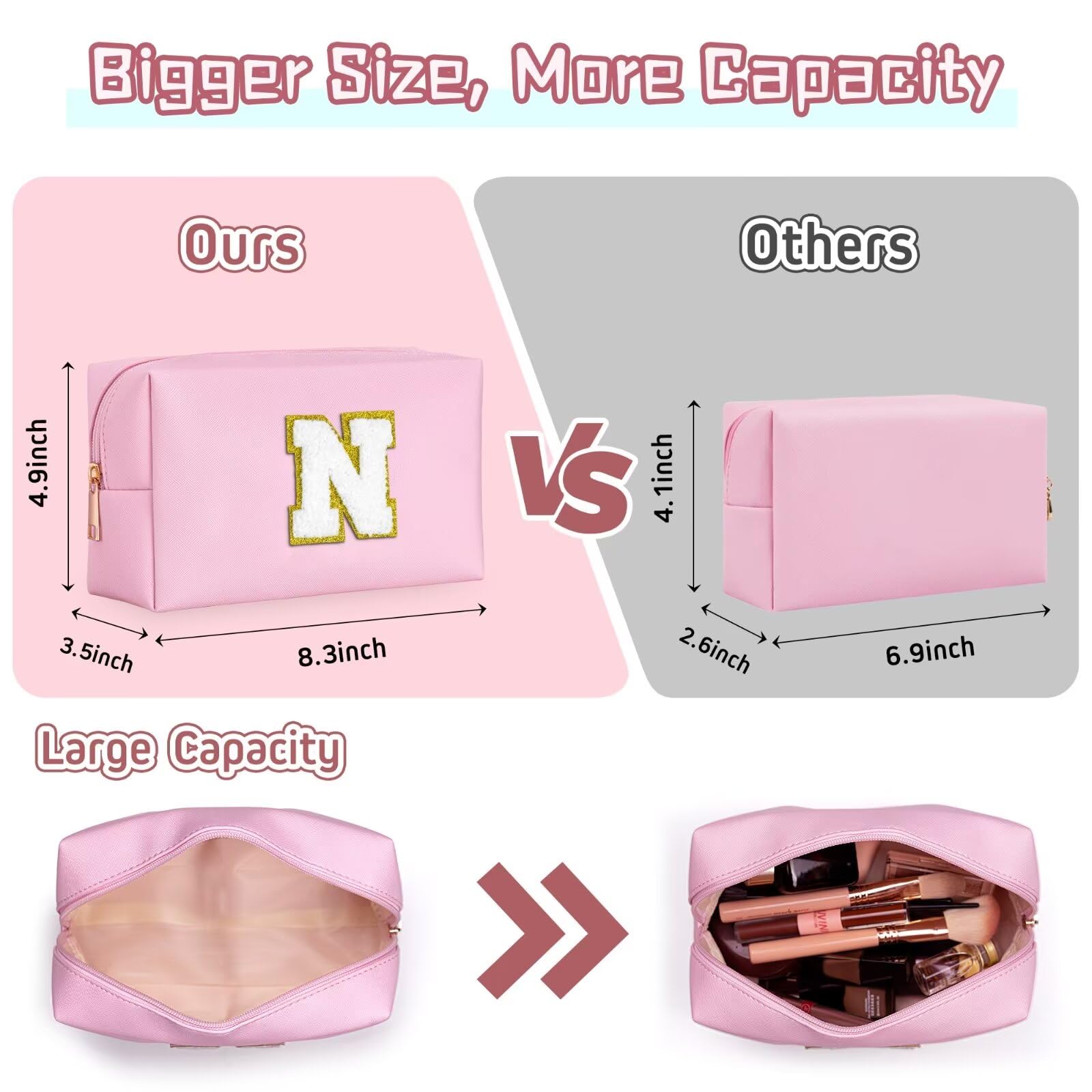 YOOLIFE Initial Makeup Bag, Birthday Gifts for 4 5 6 7 8 9 10 11 12 Year Old Teen Girls, Personalized Preppy Cosmetic Bags Toiletry Bag (Pink A)