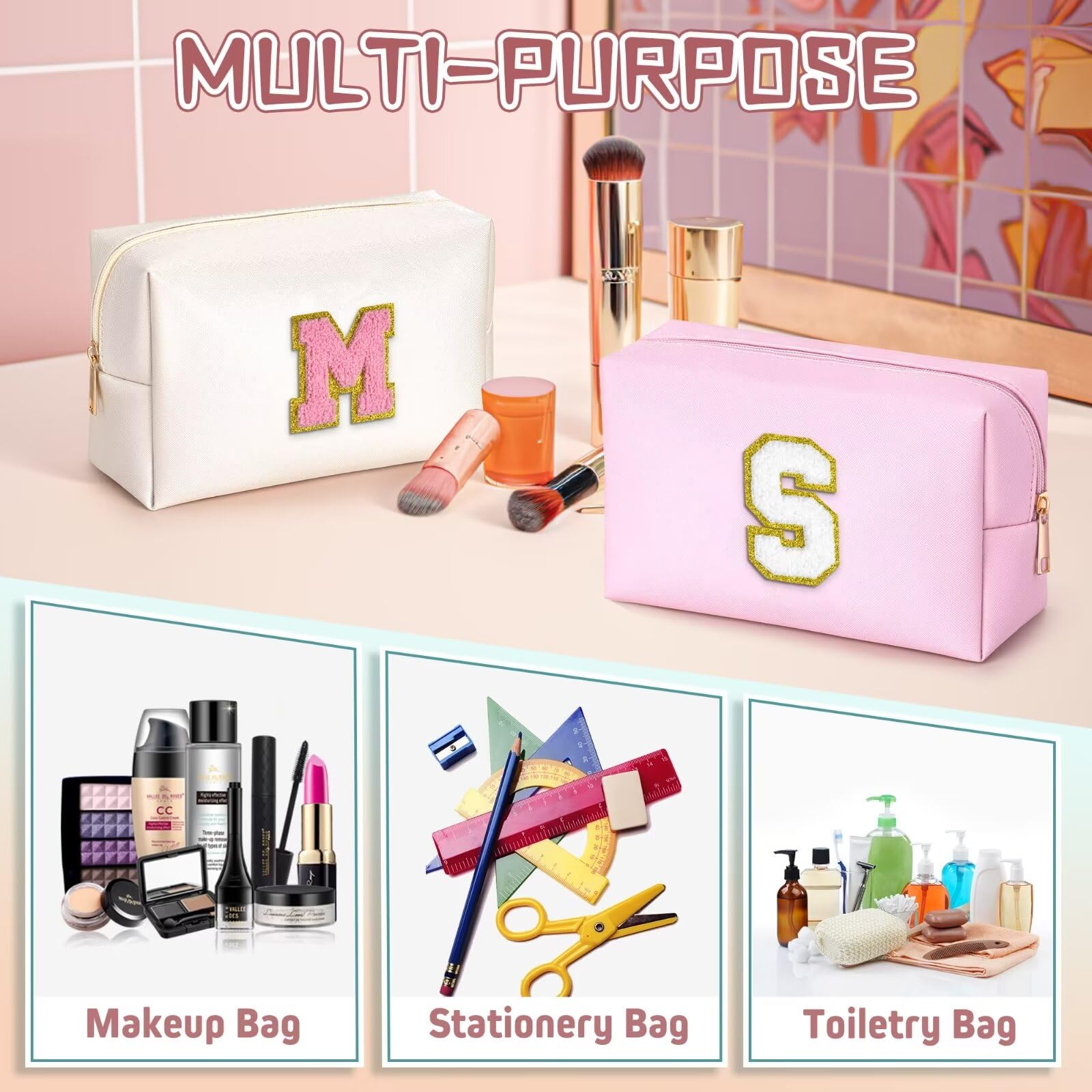 YOOLIFE Initial Makeup Bag, Birthday Gifts for 4 5 6 7 8 9 10 11 12 Year Old Teen Girls, Personalized Preppy Cosmetic Bags Toiletry Bag (Pink A)