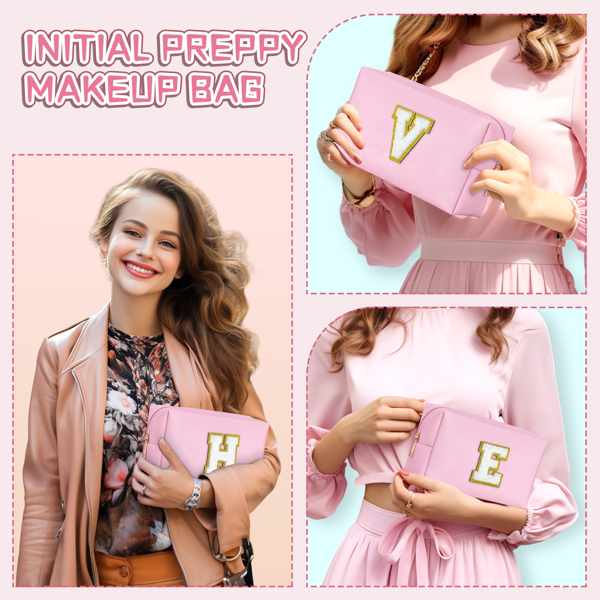 YOOLIFE Initial Makeup Bag, Birthday Gifts for 4 5 6 7 8 9 10 11 12 Year Old Teen Girls, Personalized Preppy Cosmetic Bags Toiletry Bag (Pink A)