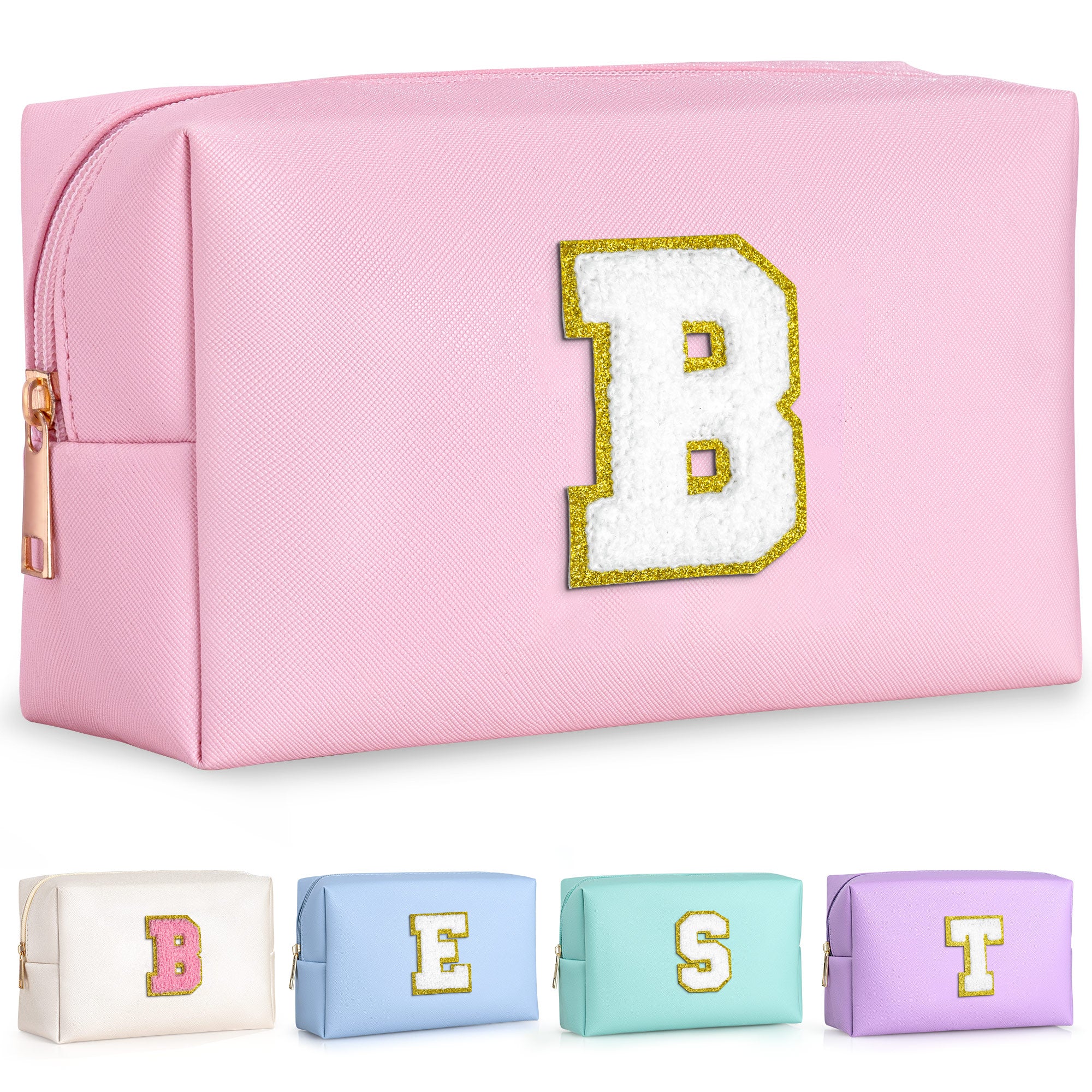 YOOLIFE Initial Makeup Bag, Birthday Gifts for 4 5 6 7 8 9 10 11 12 Year Old Teen Girls, Personalized Preppy Cosmetic Bags Toiletry Bag (Pink A)