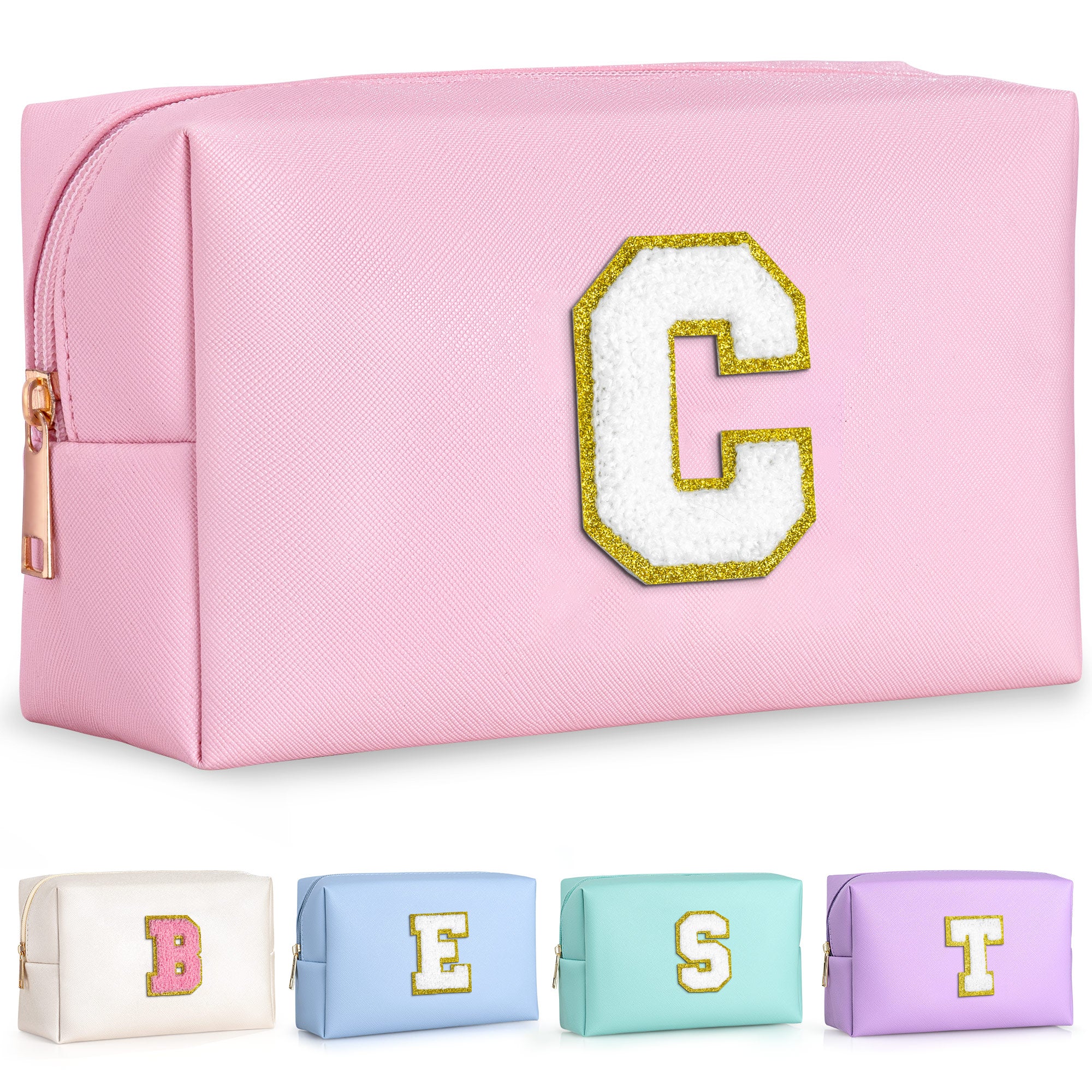 YOOLIFE Initial Makeup Bag, Birthday Gifts for 4 5 6 7 8 9 10 11 12 Year Old Teen Girls, Personalized Preppy Cosmetic Bags Toiletry Bag (Pink A)
