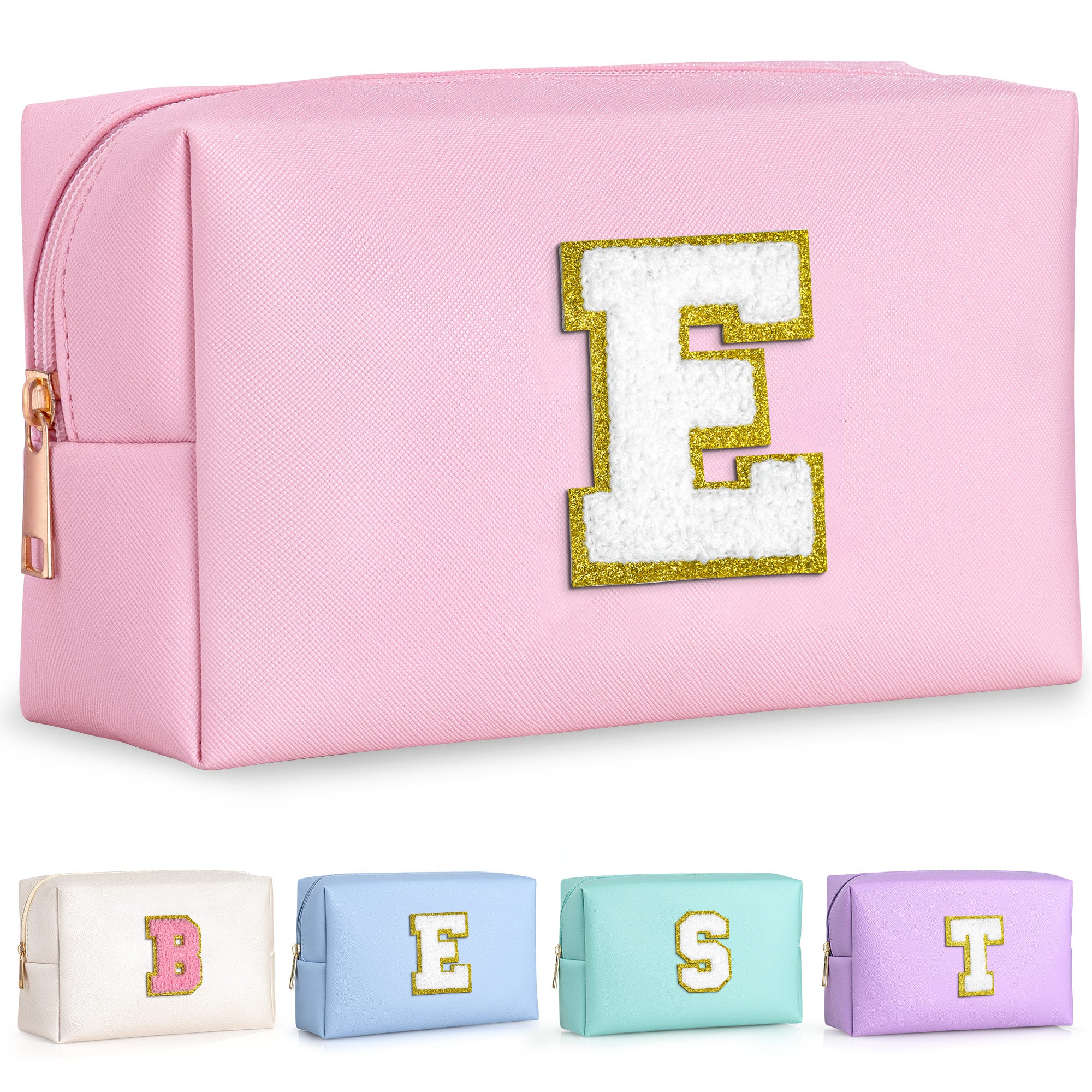 YOOLIFE Initial Makeup Bag, Birthday Gifts for 4 5 6 7 8 9 10 11 12 Year Old Teen Girls, Personalized Preppy Cosmetic Bags Toiletry Bag (Pink A)