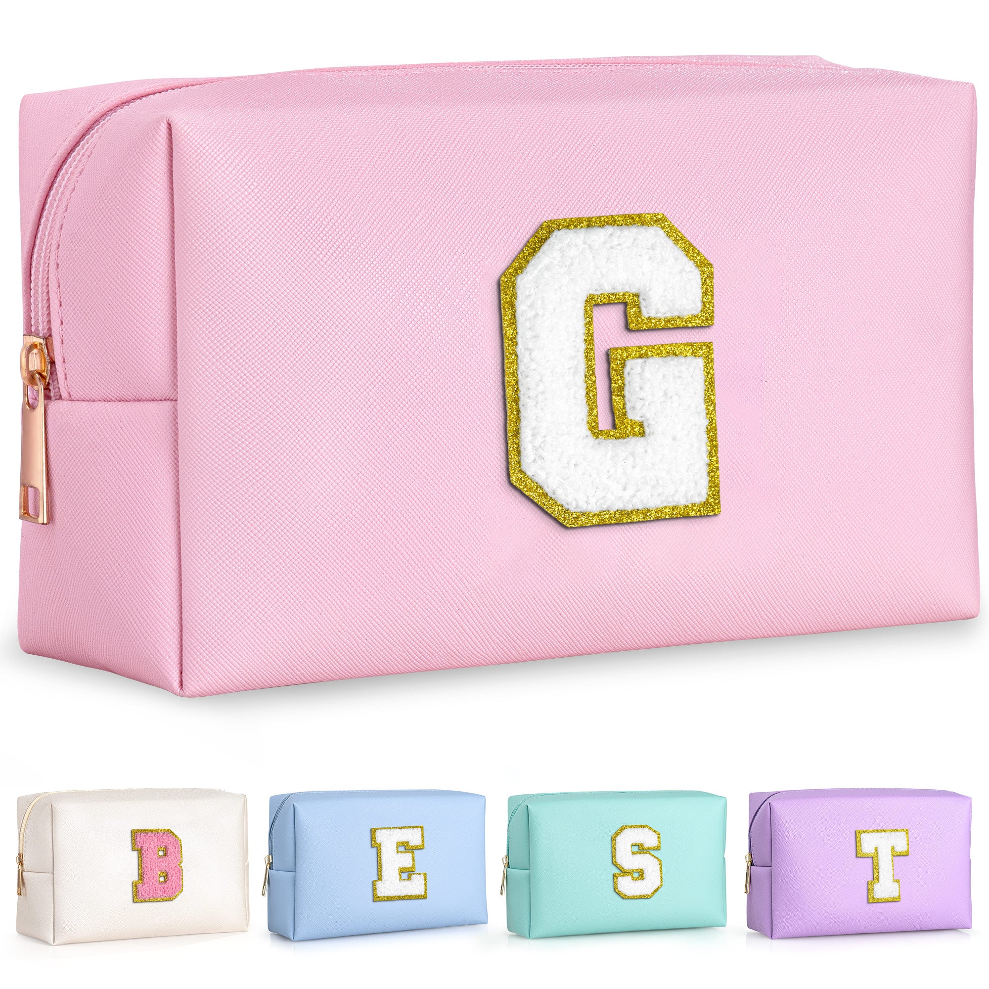YOOLIFE Initial Makeup Bag, Birthday Gifts for 4 5 6 7 8 9 10 11 12 Year Old Teen Girls, Personalized Preppy Cosmetic Bags Toiletry Bag (Pink A)