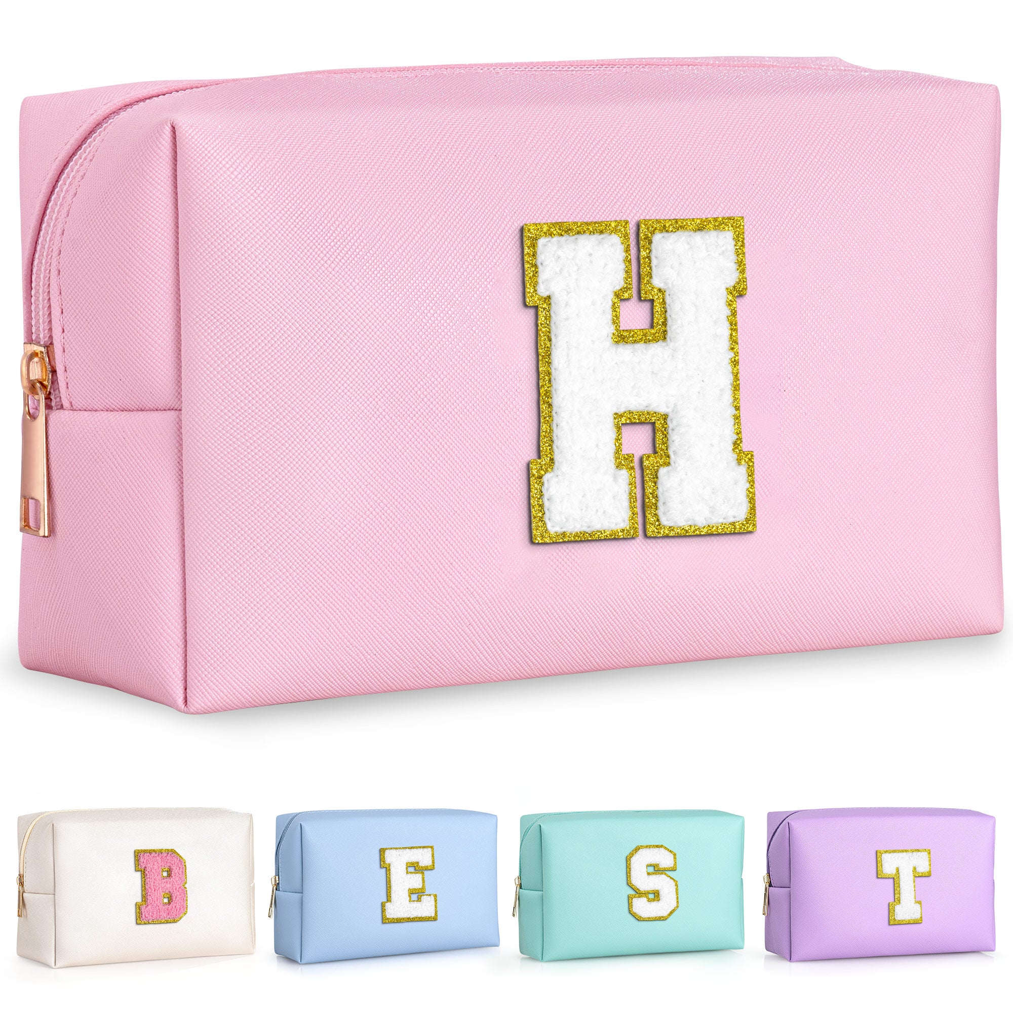 YOOLIFE Initial Makeup Bag, Birthday Gifts for 4 5 6 7 8 9 10 11 12 Year Old Teen Girls, Personalized Preppy Cosmetic Bags Toiletry Bag (Pink A)