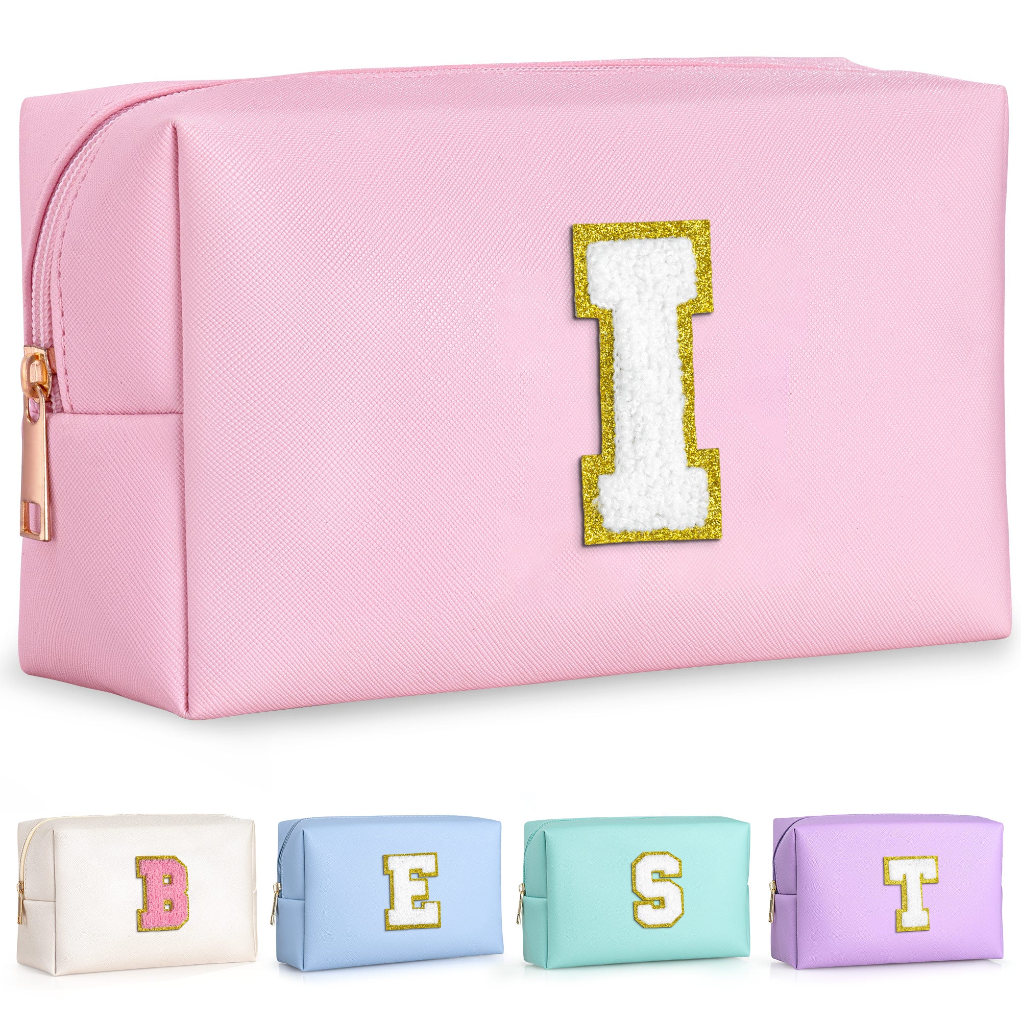 YOOLIFE Initial Makeup Bag, Birthday Gifts for 4 5 6 7 8 9 10 11 12 Year Old Teen Girls, Personalized Preppy Cosmetic Bags Toiletry Bag (Pink A)