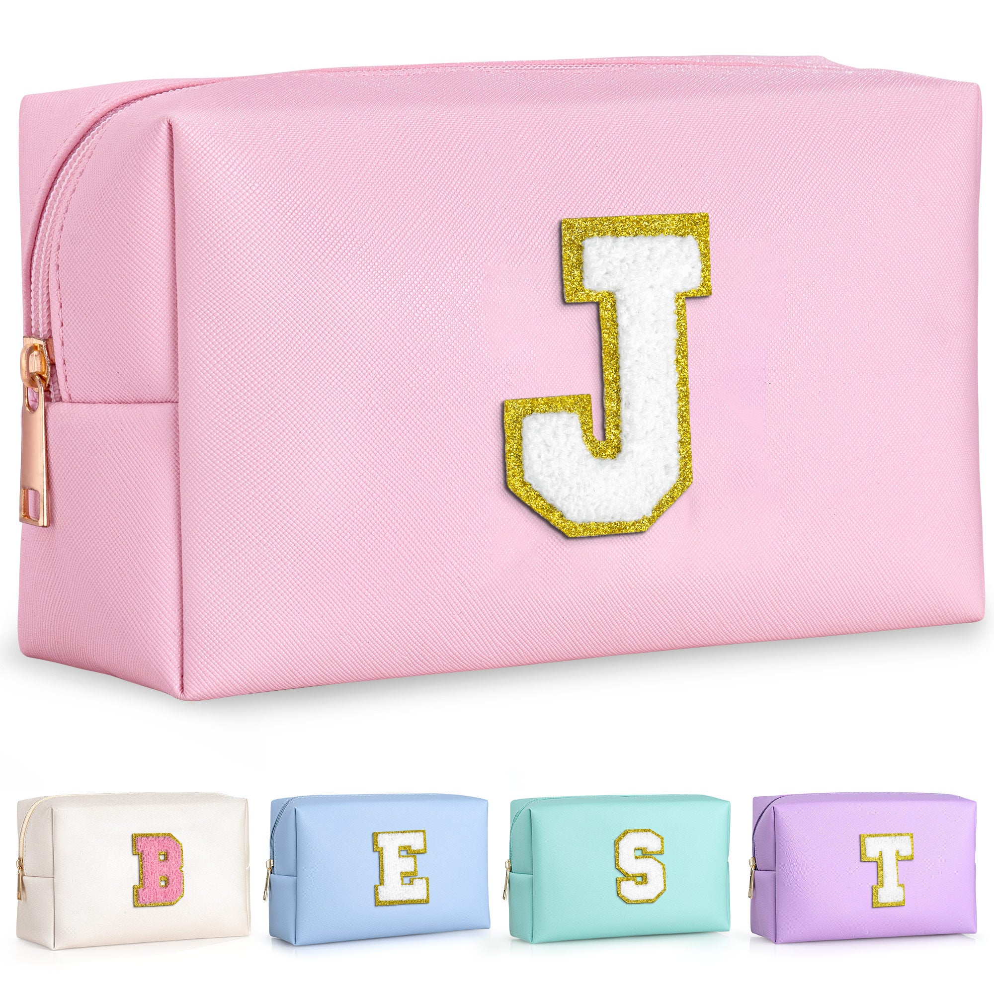 YOOLIFE Initial Makeup Bag, Birthday Gifts for 4 5 6 7 8 9 10 11 12 Year Old Teen Girls, Personalized Preppy Cosmetic Bags Toiletry Bag (Pink A)