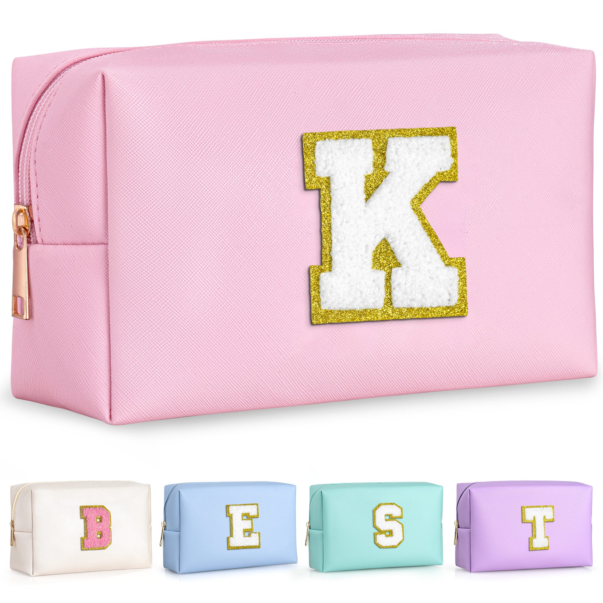 YOOLIFE Initial Makeup Bag, Birthday Gifts for 4 5 6 7 8 9 10 11 12 Year Old Teen Girls, Personalized Preppy Cosmetic Bags Toiletry Bag (Pink A)