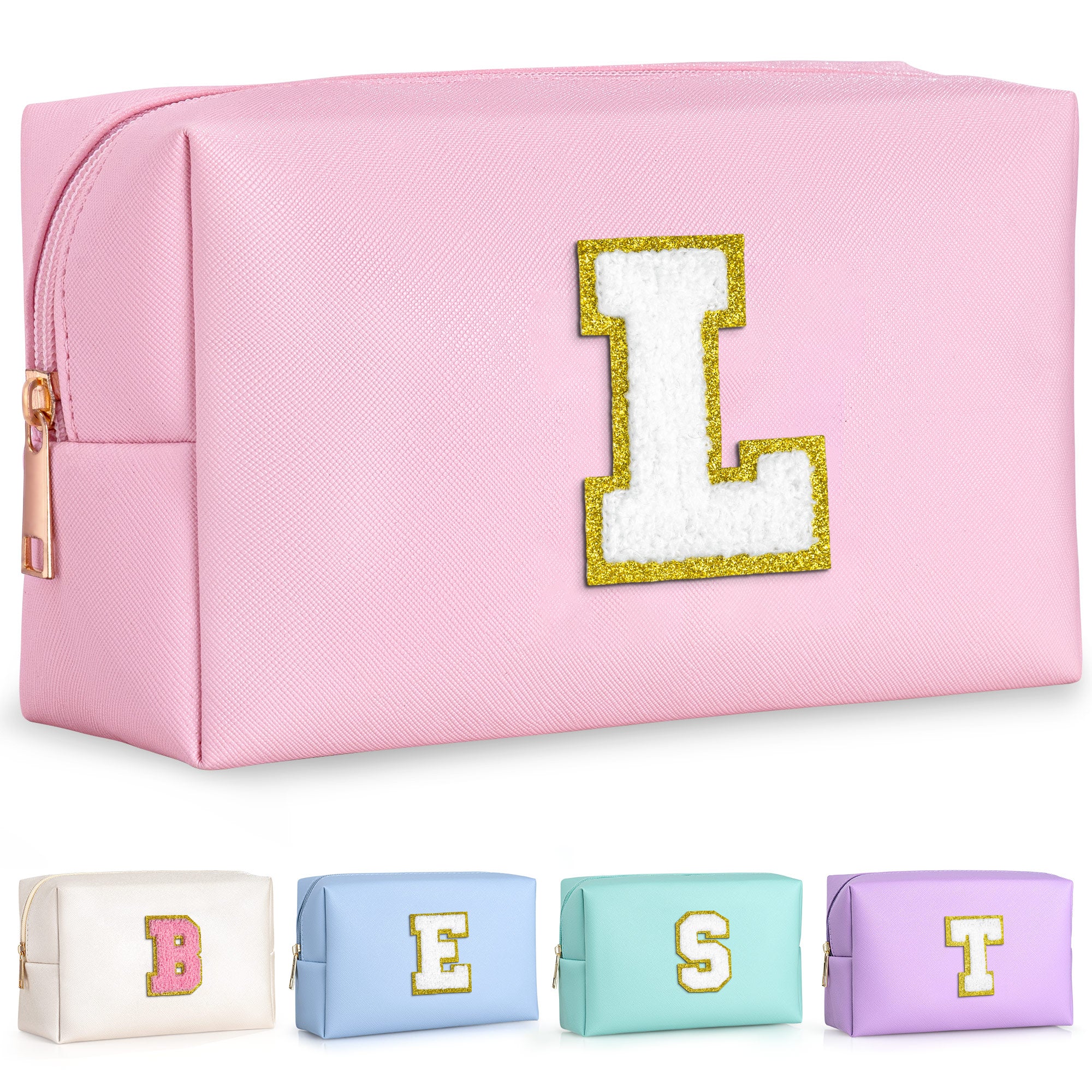 YOOLIFE Initial Makeup Bag, Birthday Gifts for 4 5 6 7 8 9 10 11 12 Year Old Teen Girls, Personalized Preppy Cosmetic Bags Toiletry Bag (Pink A)