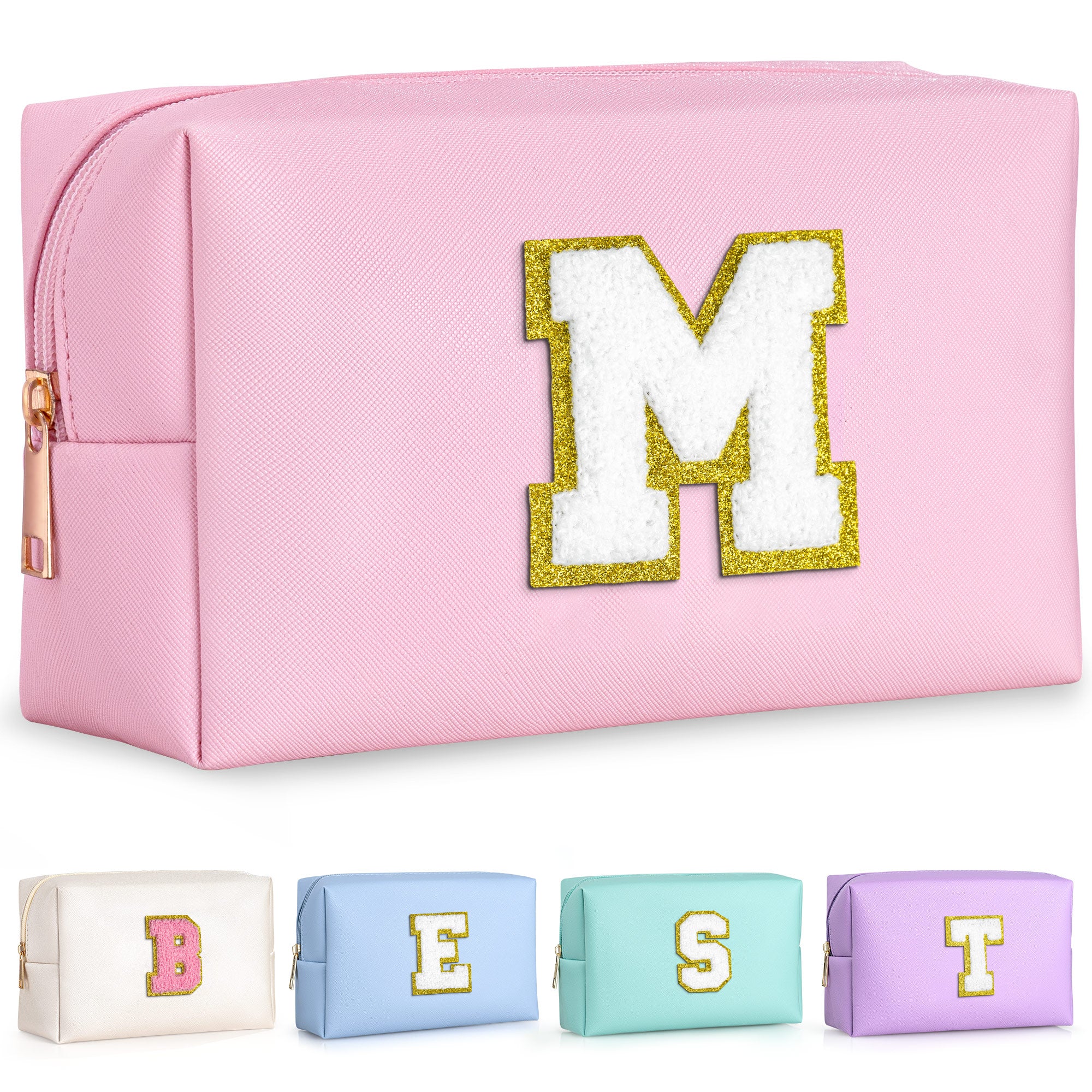YOOLIFE Initial Makeup Bag, Birthday Gifts for 4 5 6 7 8 9 10 11 12 Year Old Teen Girls, Personalized Preppy Cosmetic Bags Toiletry Bag (Pink A)