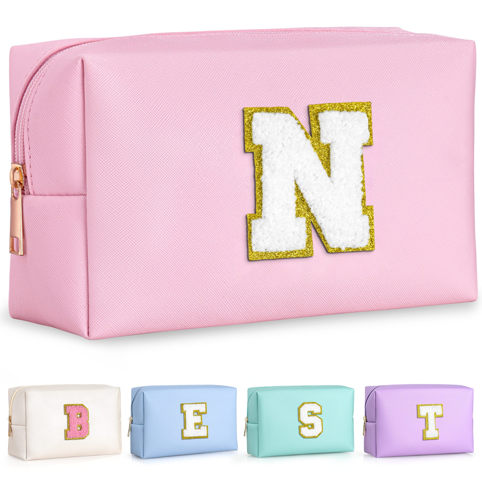 YOOLIFE Initial Makeup Bag, Birthday Gifts for 4 5 6 7 8 9 10 11 12 Year Old Teen Girls, Personalized Preppy Cosmetic Bags Toiletry Bag (Pink A)