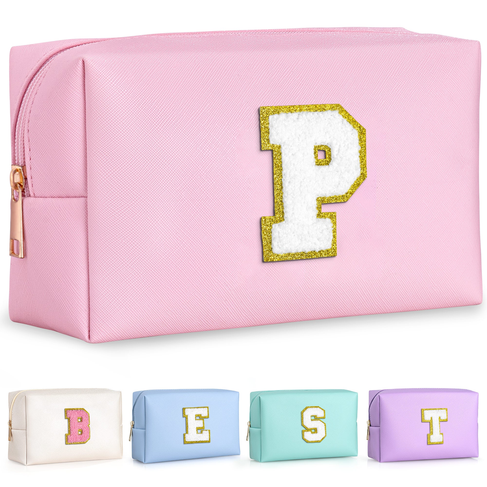 YOOLIFE Initial Makeup Bag, Birthday Gifts for 4 5 6 7 8 9 10 11 12 Year Old Teen Girls, Personalized Preppy Cosmetic Bags Toiletry Bag (Pink A)