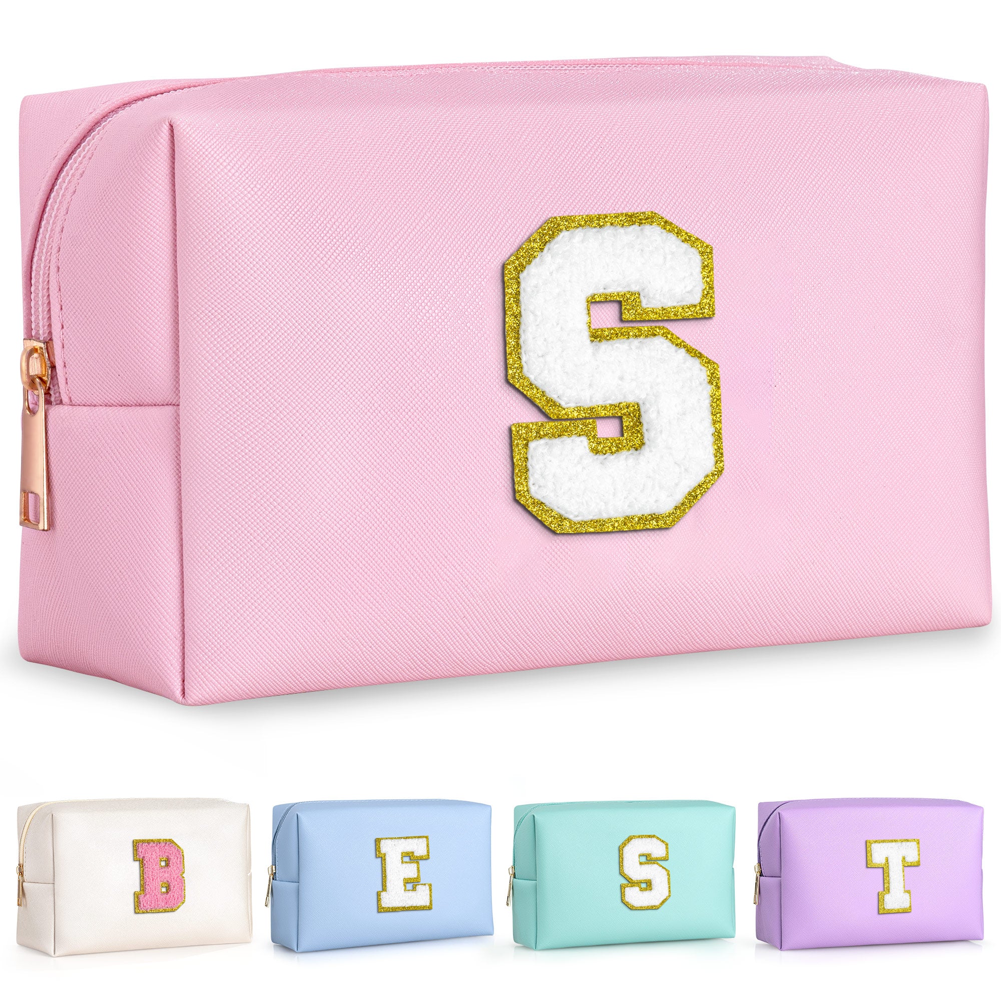 YOOLIFE Initial Makeup Bag, Birthday Gifts for 4 5 6 7 8 9 10 11 12 Year Old Teen Girls, Personalized Preppy Cosmetic Bags Toiletry Bag (Pink A)