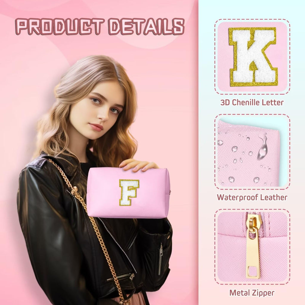 YOOLIFE Initial Makeup Bag, Birthday Gifts for 4 5 6 7 8 9 10 11 12 Year Old Teen Girls, Personalized Preppy Cosmetic Bags Toiletry Bag (Pink A)