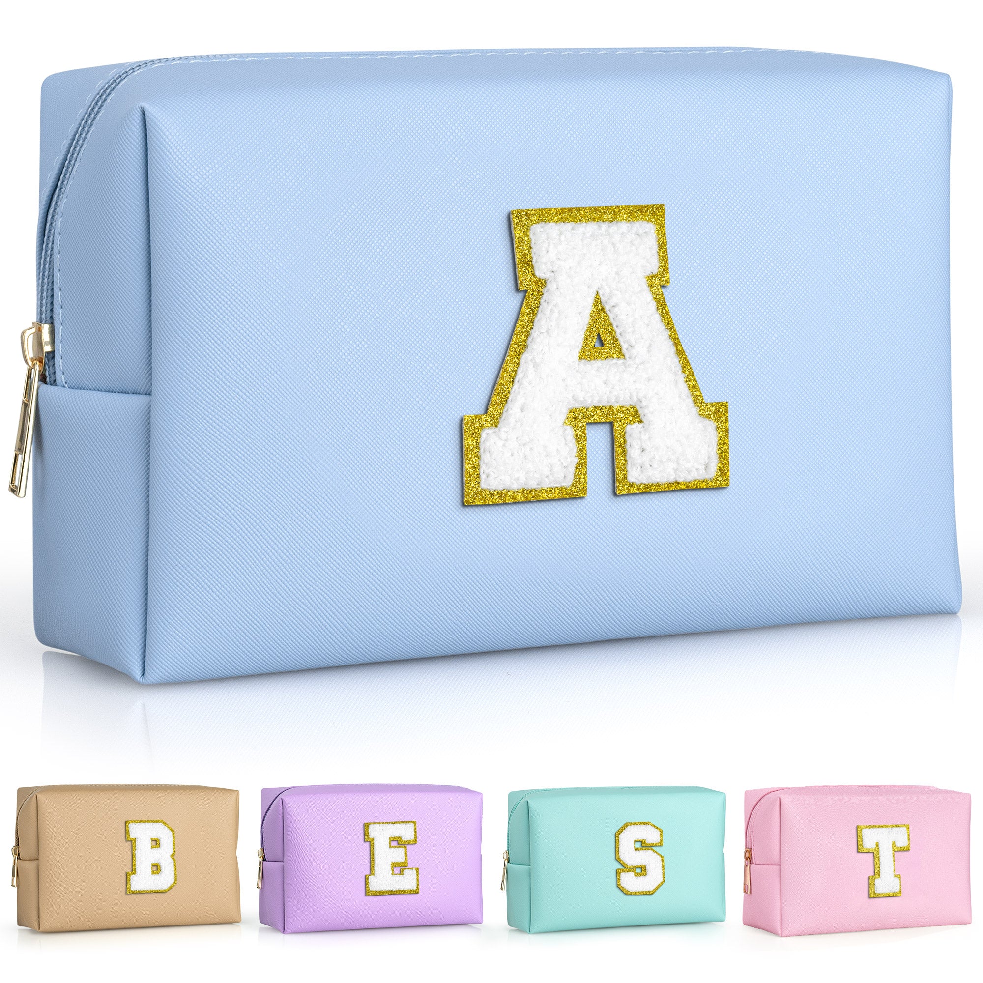 YOOLIFE Initial Makeup Bag, Birthday Gifts for 4 5 6 7 8 9 10 11 12 Year Old Teen Girls, Personalized Preppy Cosmetic Bags Toiletry Bag (Pink A)