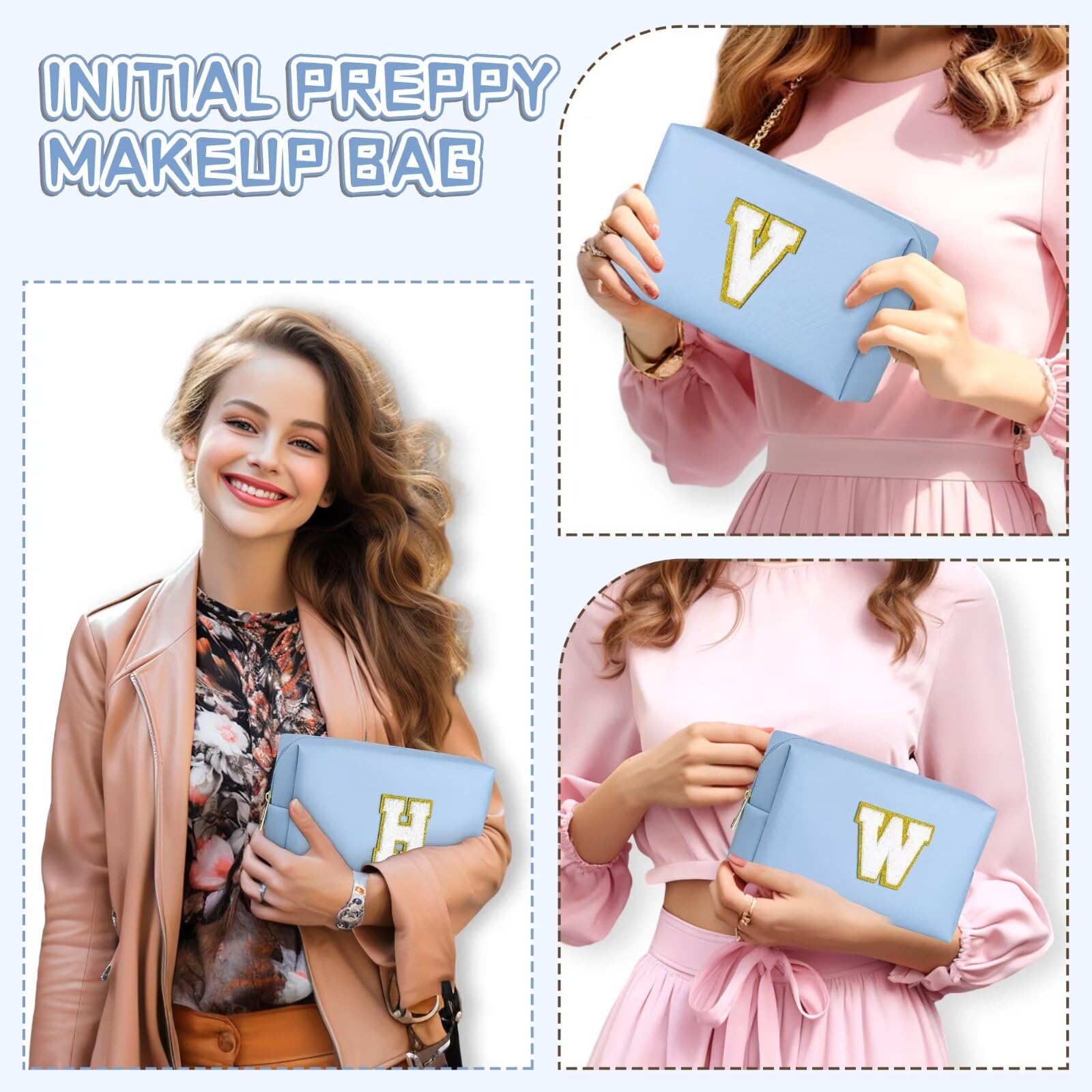 YOOLIFE Initial Makeup Bag, Birthday Gifts for 4 5 6 7 8 9 10 11 12 Year Old Teen Girls, Personalized Preppy Cosmetic Bags Toiletry Bag (Pink A)
