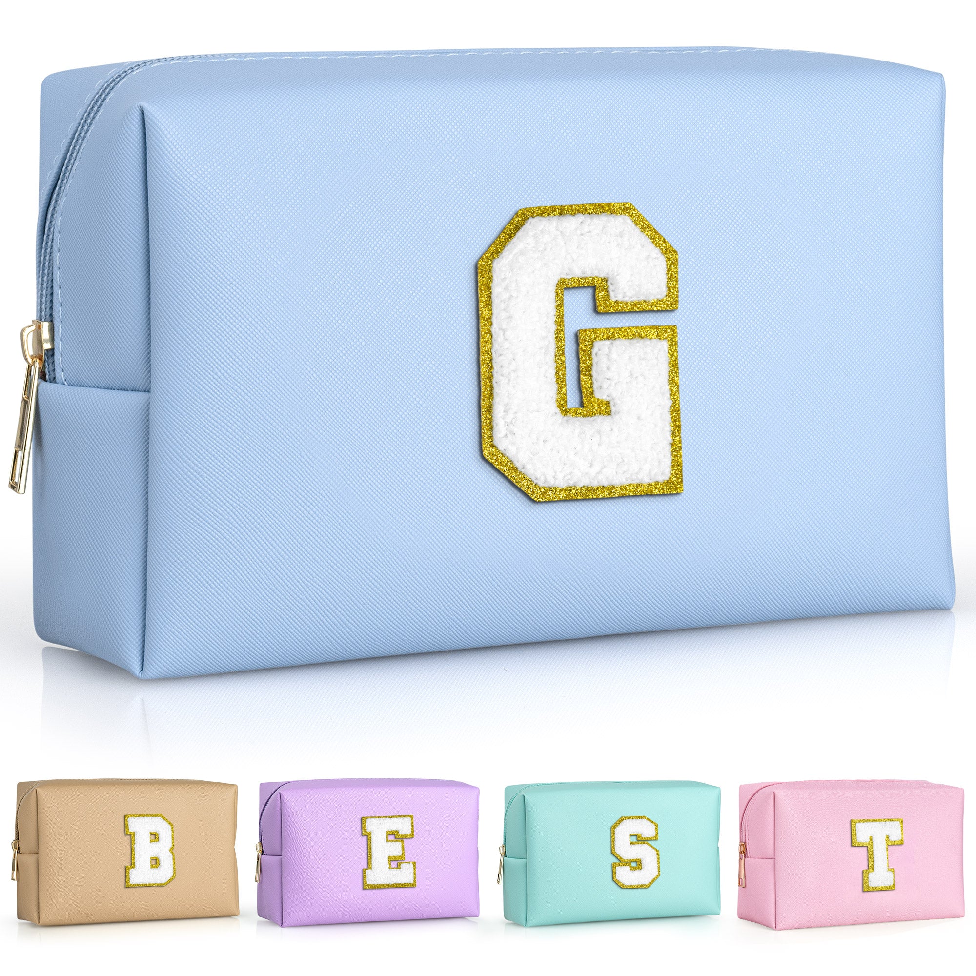 YOOLIFE Initial Makeup Bag, Birthday Gifts for 4 5 6 7 8 9 10 11 12 Year Old Teen Girls, Personalized Preppy Cosmetic Bags Toiletry Bag (Pink A)