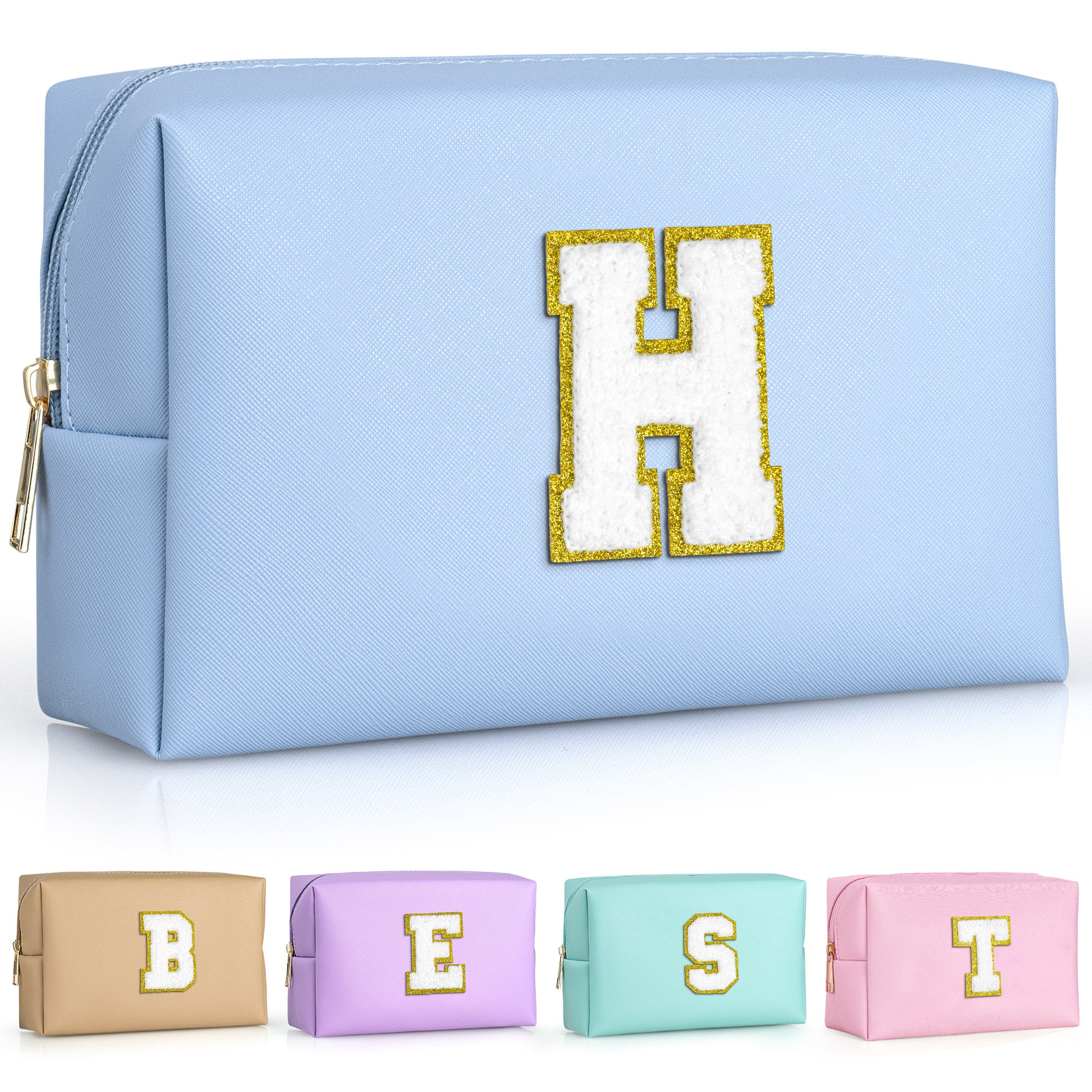 YOOLIFE Initial Makeup Bag, Birthday Gifts for 4 5 6 7 8 9 10 11 12 Year Old Teen Girls, Personalized Preppy Cosmetic Bags Toiletry Bag (Pink A)
