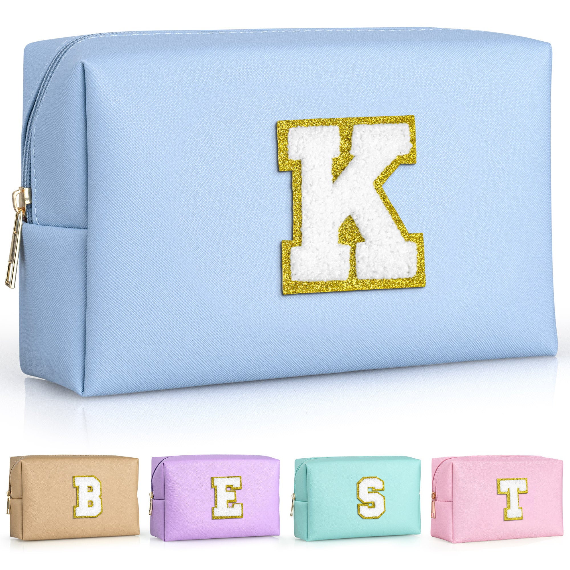 YOOLIFE Initial Makeup Bag, Birthday Gifts for 4 5 6 7 8 9 10 11 12 Year Old Teen Girls, Personalized Preppy Cosmetic Bags Toiletry Bag (Pink A)