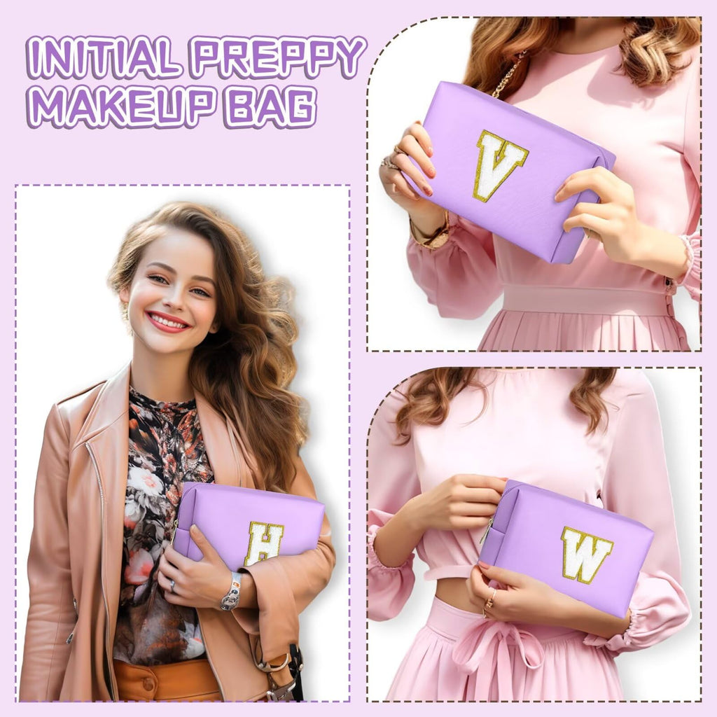 YOOLIFE Initial Makeup Bag, Birthday Gifts for 4 5 6 7 8 9 10 11 12 Year Old Teen Girls, Personalized Preppy Cosmetic Bags Toiletry Bag (Pink A)