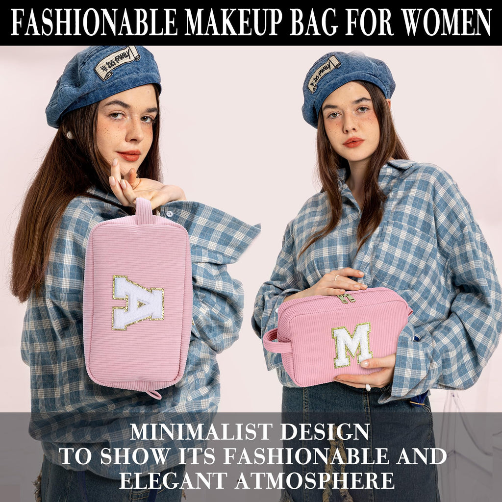 YOOLIFE Personalized Initial Makeup Bag | Pink Cosmetic Travel Toiletry Bag | 11 12 13 14 15 16 Years Old Girl Gifts, Gifts for Women Preppy Stuff Teen Girl Gift Trendy Stuff Letter A