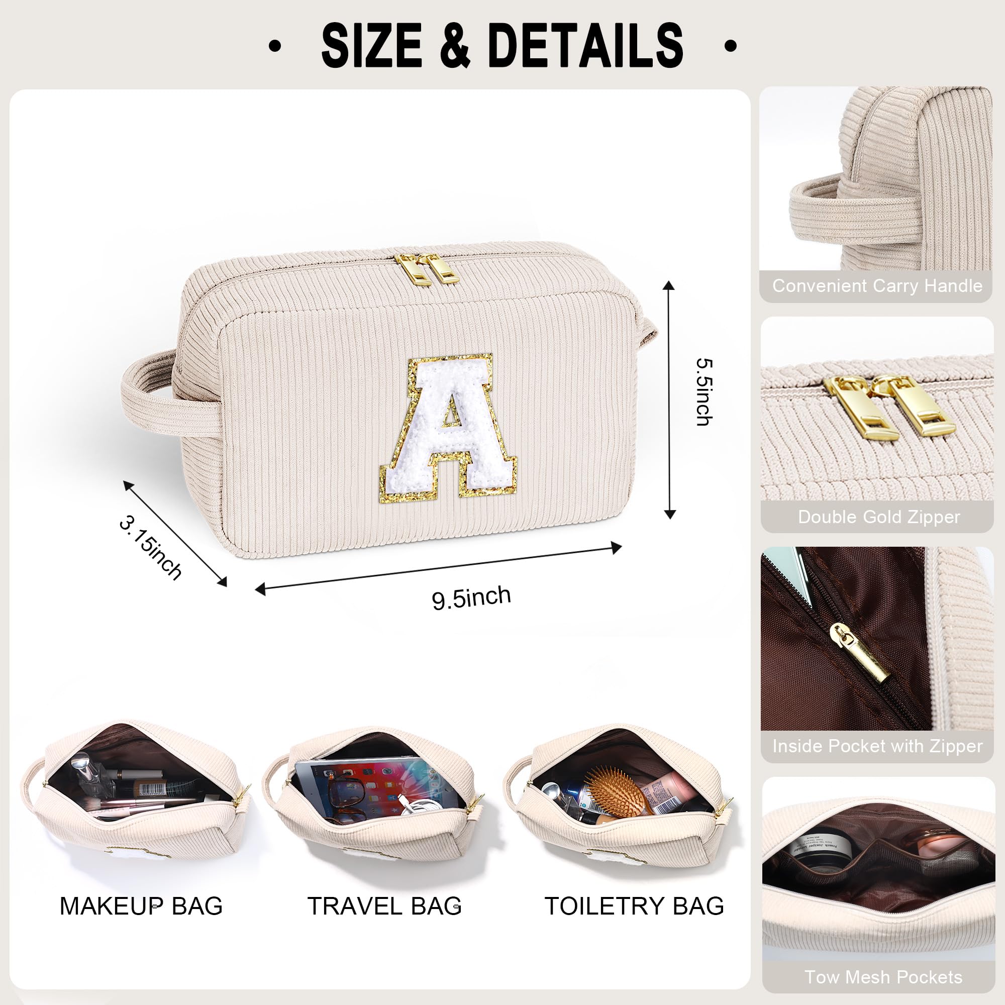 YOOLIFE Personalized Initial Makeup Bag | Pink Cosmetic Travel Toiletry Bag | 11 12 13 14 15 16 Years Old Girl Gifts, Gifts for Women Preppy Stuff Teen Girl Gift Trendy Stuff Letter A