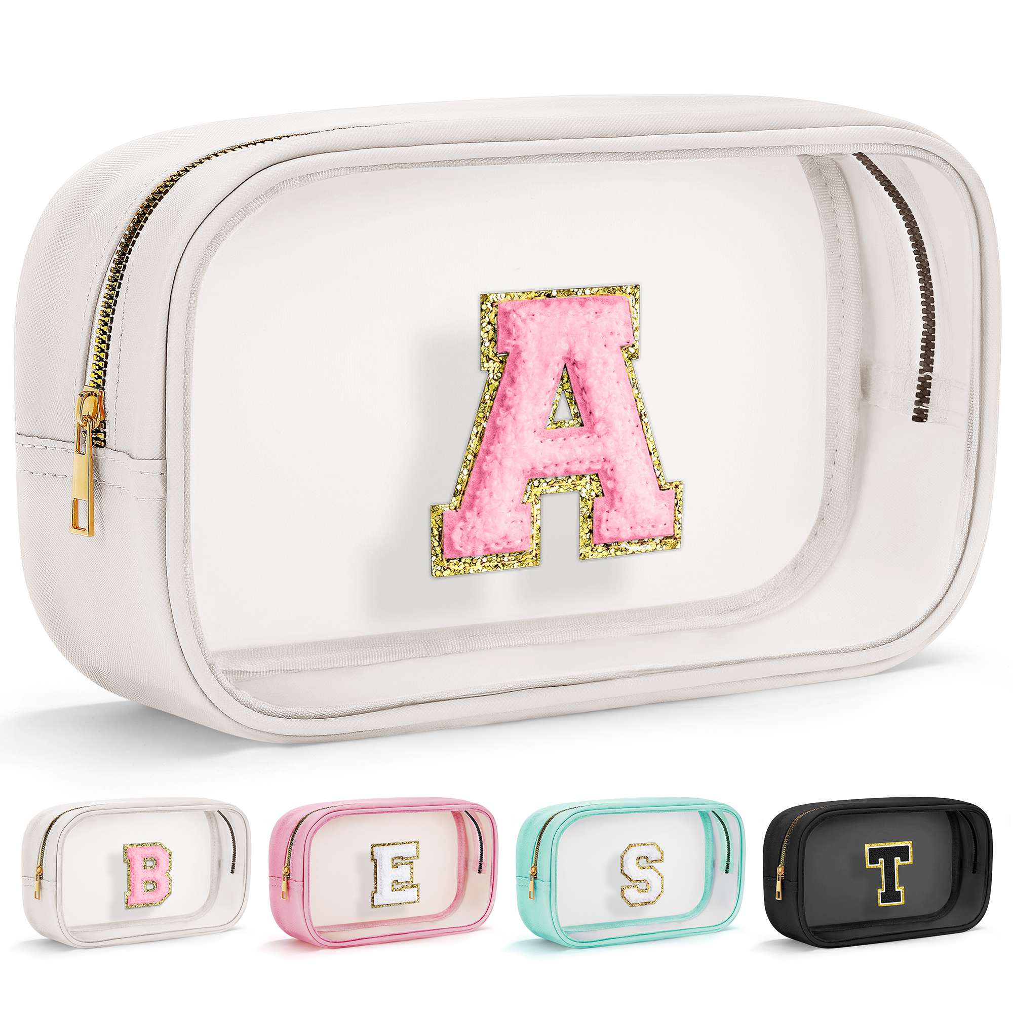 YOOLIFE Initial Make Up Bag Travel Toiletry Bag, Clear Makeup Bag Preppy Stuff Travel Essentials Pink Gifts for Women Teen Girlfriend Teacher Mom Birthday Birthday Gifts for Her Wife White A
