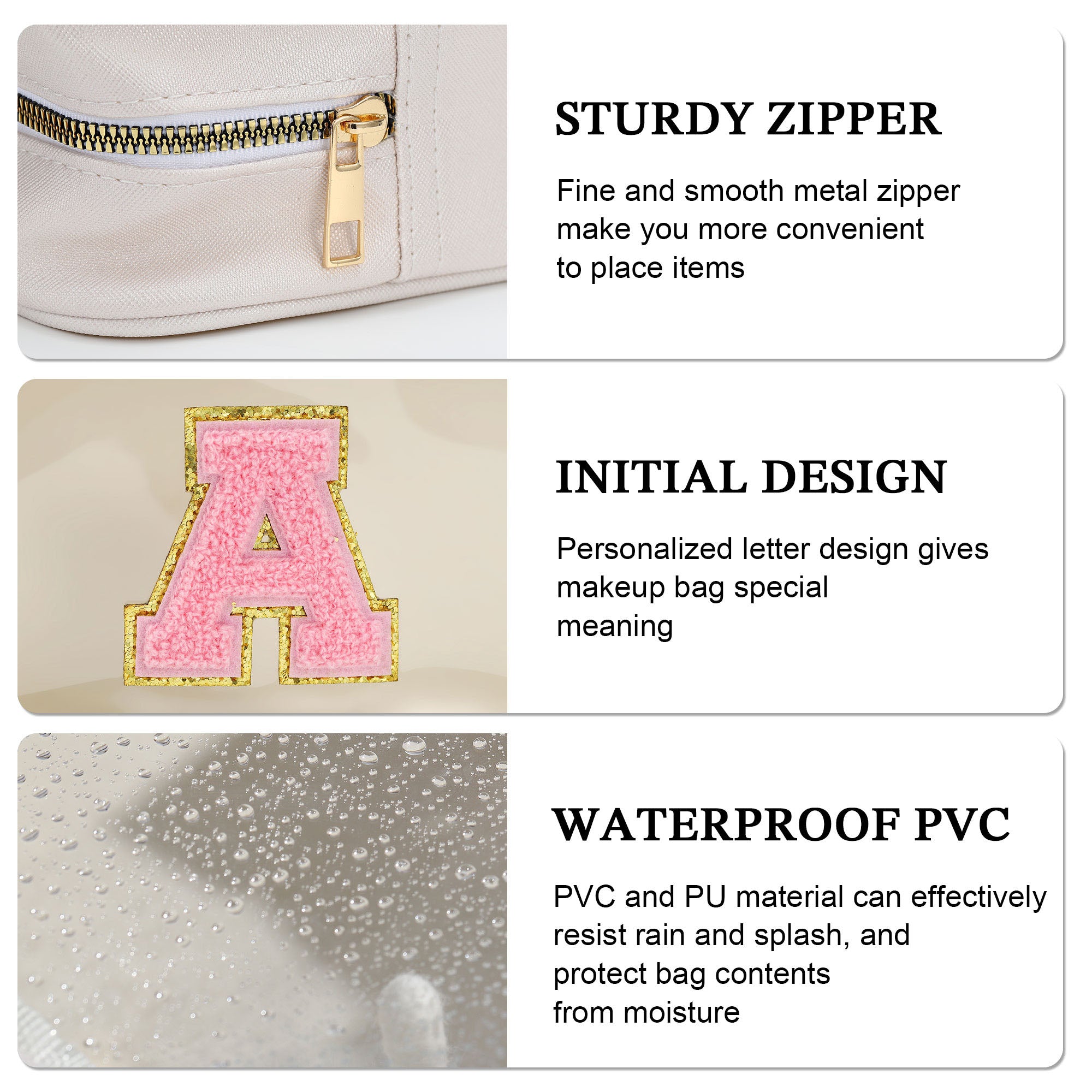 YOOLIFE Initial Make Up Bag Travel Toiletry Bag, Clear Makeup Bag Preppy Stuff Travel Essentials Pink Gifts for Women Teen Girlfriend Teacher Mom Birthday Birthday Gifts for Her Wife White A