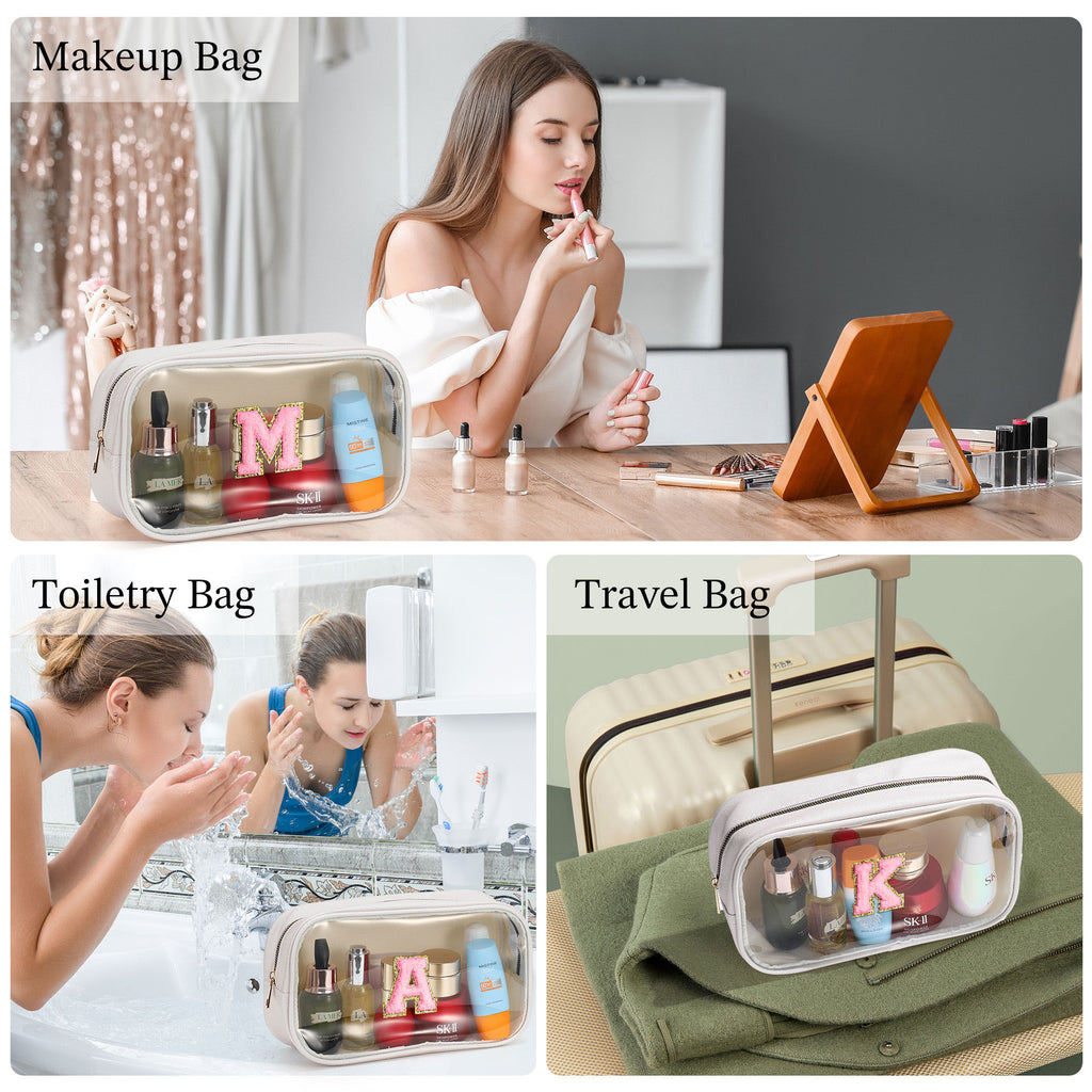 YOOLIFE Initial Make Up Bag Travel Toiletry Bag, Clear Makeup Bag Preppy Stuff Travel Essentials Pink Gifts for Women Teen Girlfriend Teacher Mom Birthday Birthday Gifts for Her Wife White A