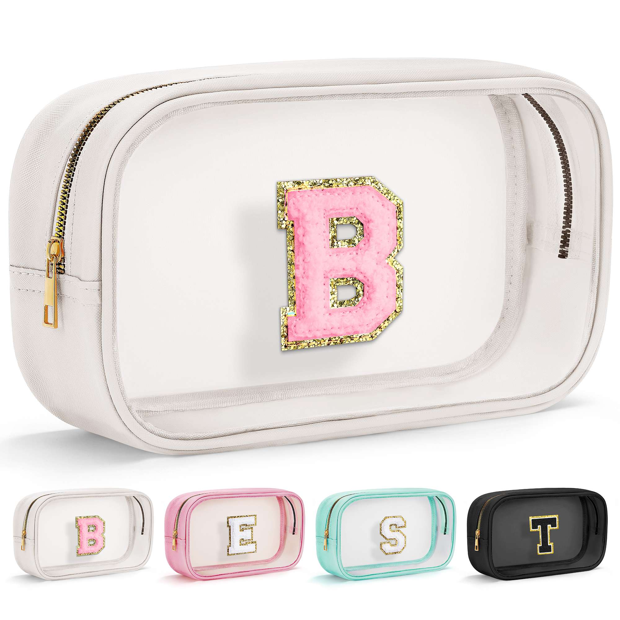 YOOLIFE Initial Make Up Bag Travel Toiletry Bag, Clear Makeup Bag Preppy Stuff Travel Essentials Pink Gifts for Women Teen Girlfriend Teacher Mom Birthday Birthday Gifts for Her Wife White A
