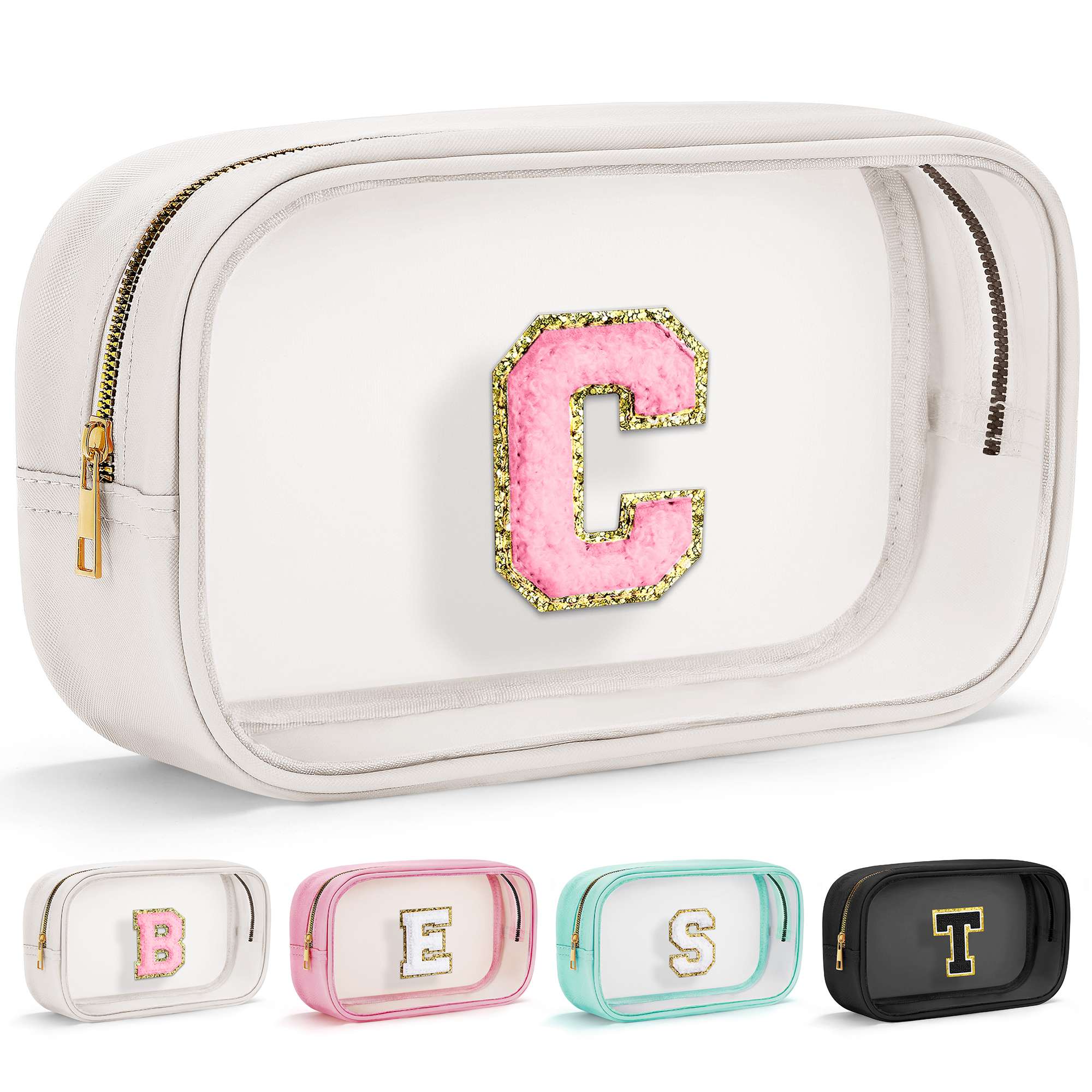 YOOLIFE Initial Make Up Bag Travel Toiletry Bag, Clear Makeup Bag Preppy Stuff Travel Essentials Pink Gifts for Women Teen Girlfriend Teacher Mom Birthday Birthday Gifts for Her Wife White A