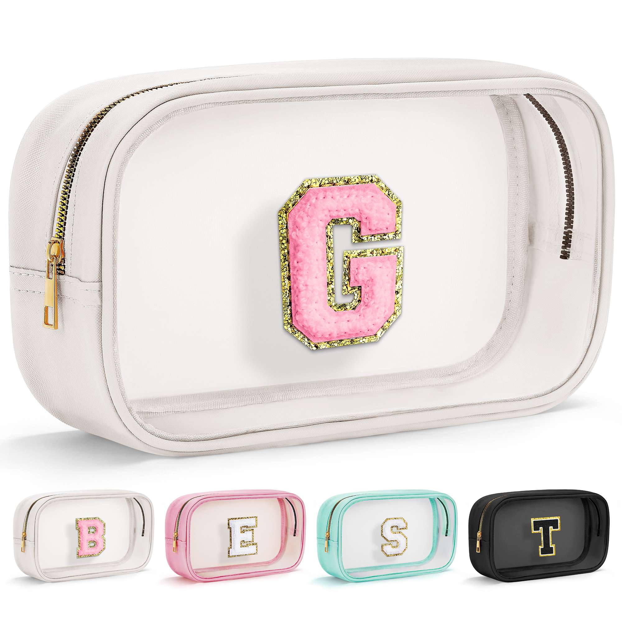 YOOLIFE Initial Make Up Bag Travel Toiletry Bag, Clear Makeup Bag Preppy Stuff Travel Essentials Pink Gifts for Women Teen Girlfriend Teacher Mom Birthday Birthday Gifts for Her Wife White A