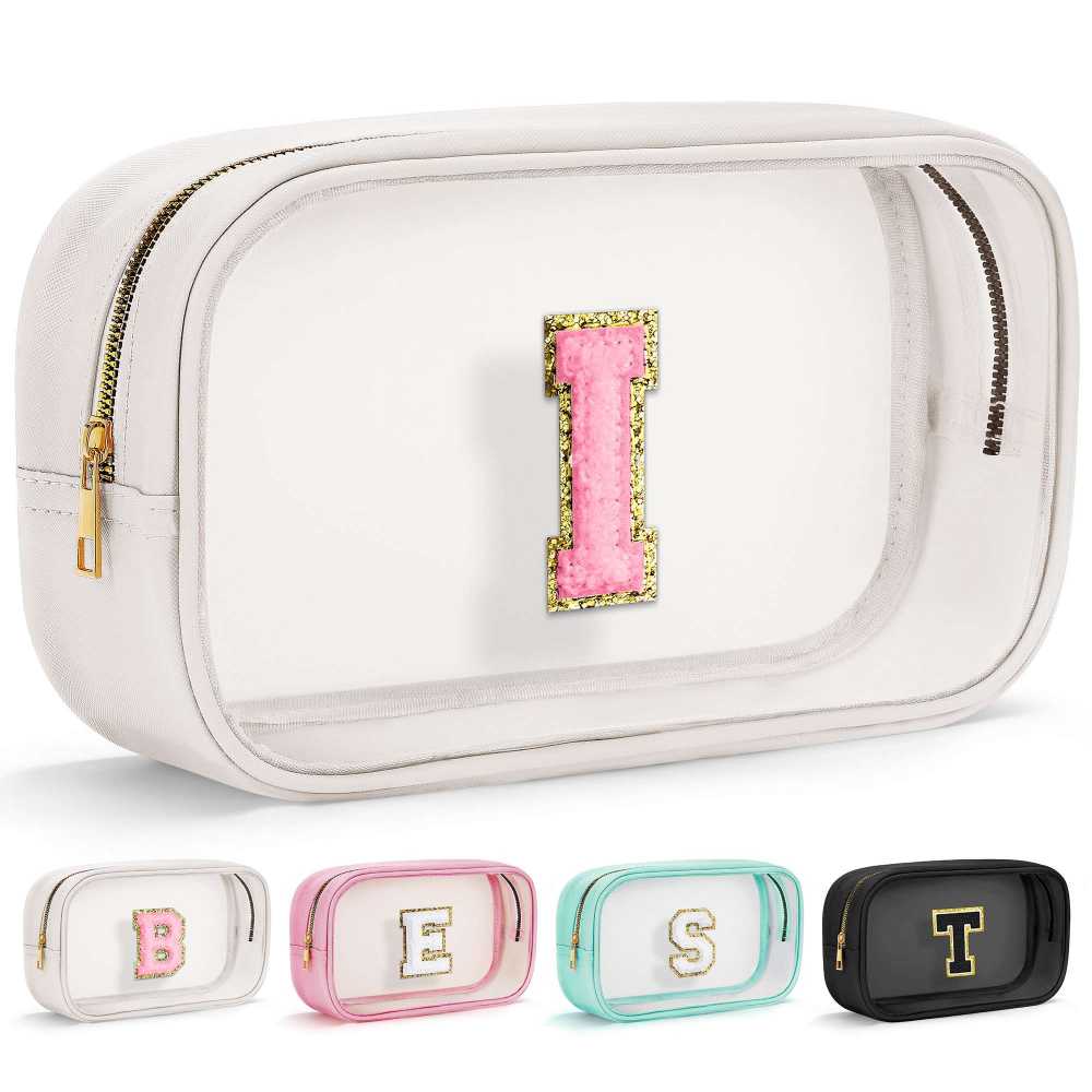YOOLIFE Initial Make Up Bag Travel Toiletry Bag, Clear Makeup Bag Preppy Stuff Travel Essentials Pink Gifts for Women Teen Girlfriend Teacher Mom Birthday Birthday Gifts for Her Wife White A