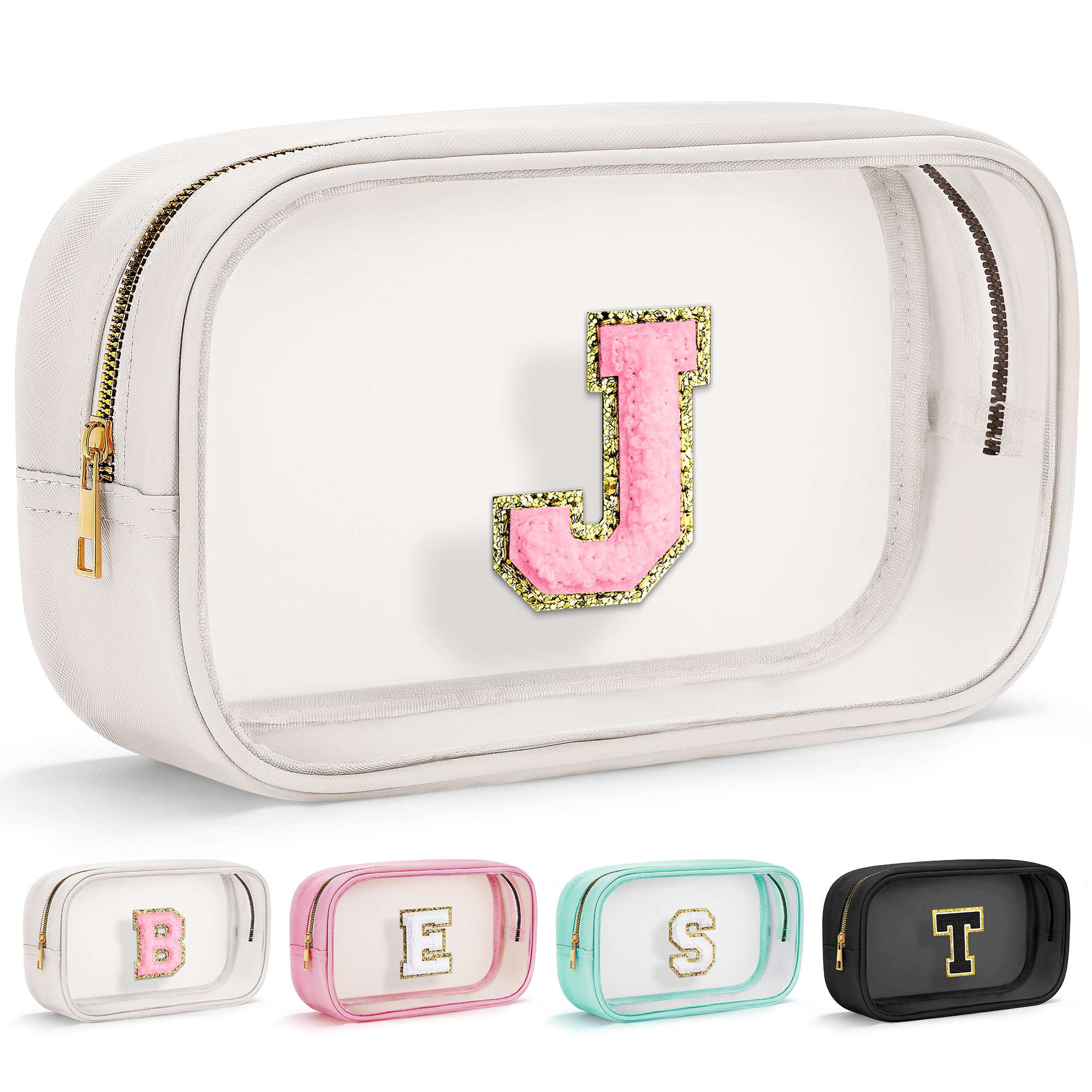 YOOLIFE Initial Make Up Bag Travel Toiletry Bag, Clear Makeup Bag Preppy Stuff Travel Essentials Pink Gifts for Women Teen Girlfriend Teacher Mom Birthday Birthday Gifts for Her Wife White A