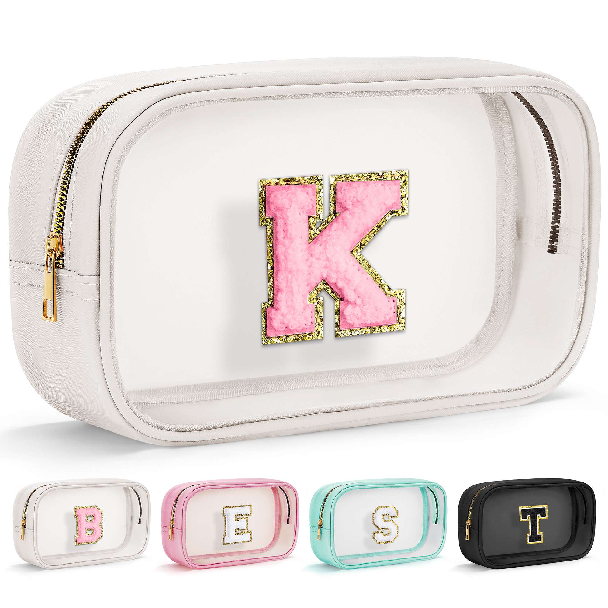 YOOLIFE Initial Make Up Bag Travel Toiletry Bag, Clear Makeup Bag Preppy Stuff Travel Essentials Pink Gifts for Women Teen Girlfriend Teacher Mom Birthday Birthday Gifts for Her Wife White A