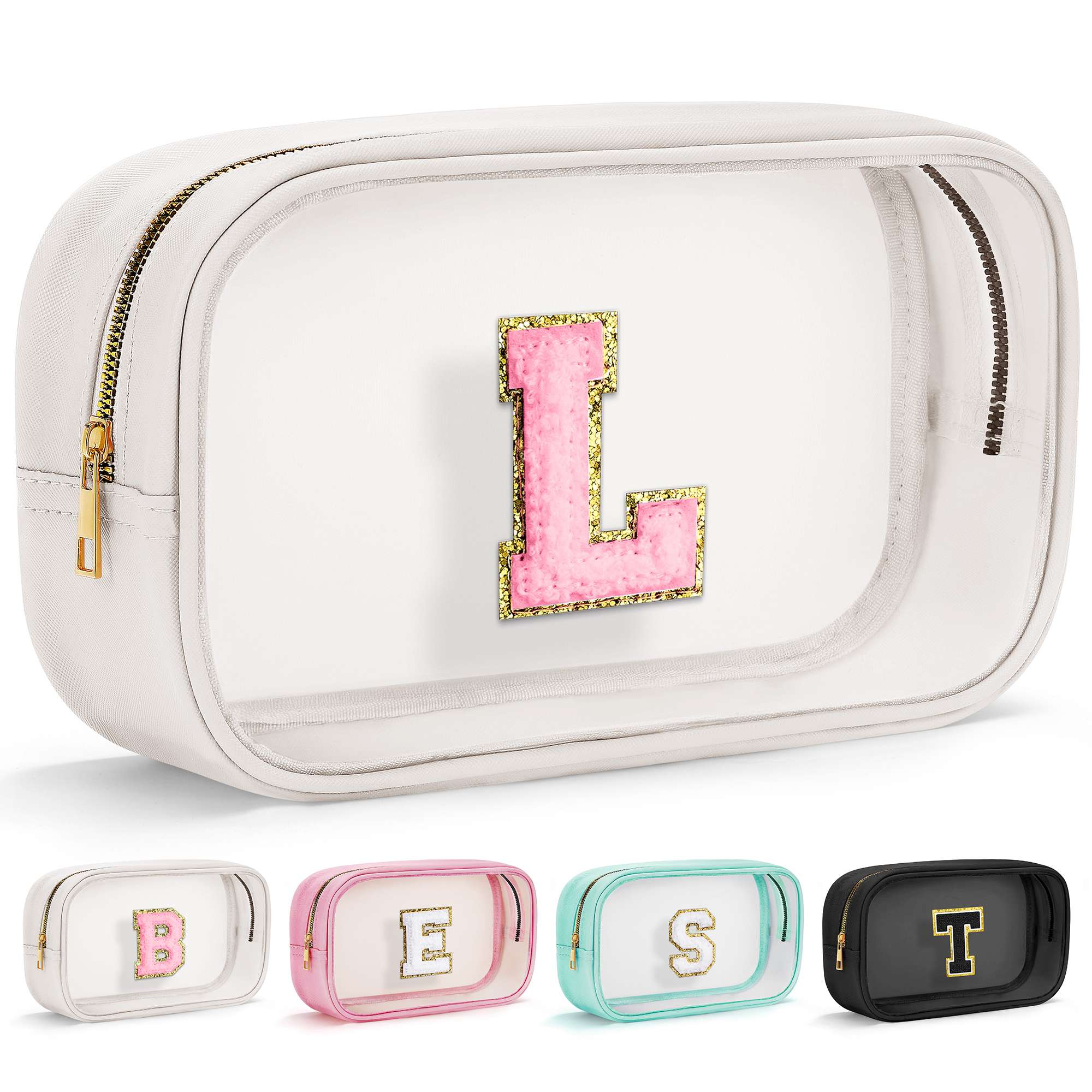 YOOLIFE Initial Make Up Bag Travel Toiletry Bag, Clear Makeup Bag Preppy Stuff Travel Essentials Pink Gifts for Women Teen Girlfriend Teacher Mom Birthday Birthday Gifts for Her Wife White A