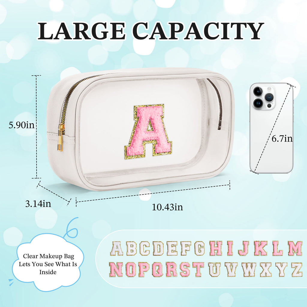 YOOLIFE Initial Make Up Bag Travel Toiletry Bag, Clear Makeup Bag Preppy Stuff Travel Essentials Pink Gifts for Women Teen Girlfriend Teacher Mom Birthday Birthday Gifts for Her Wife White A