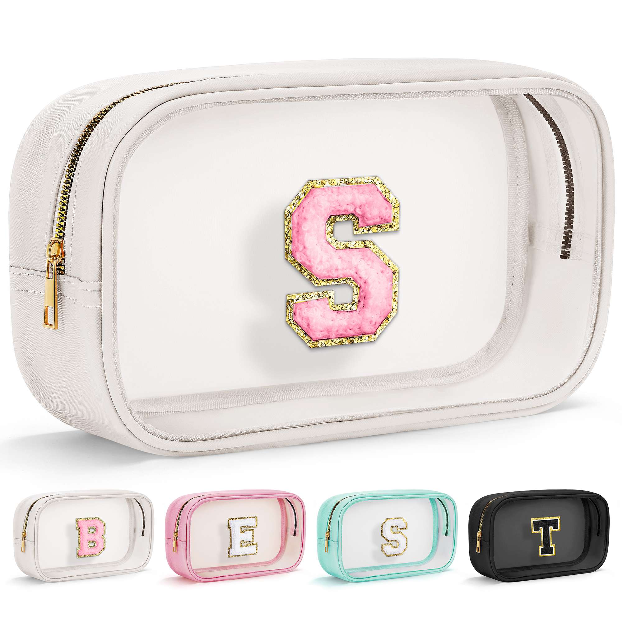 YOOLIFE Initial Make Up Bag Travel Toiletry Bag, Clear Makeup Bag Preppy Stuff Travel Essentials Pink Gifts for Women Teen Girlfriend Teacher Mom Birthday Birthday Gifts for Her Wife White A