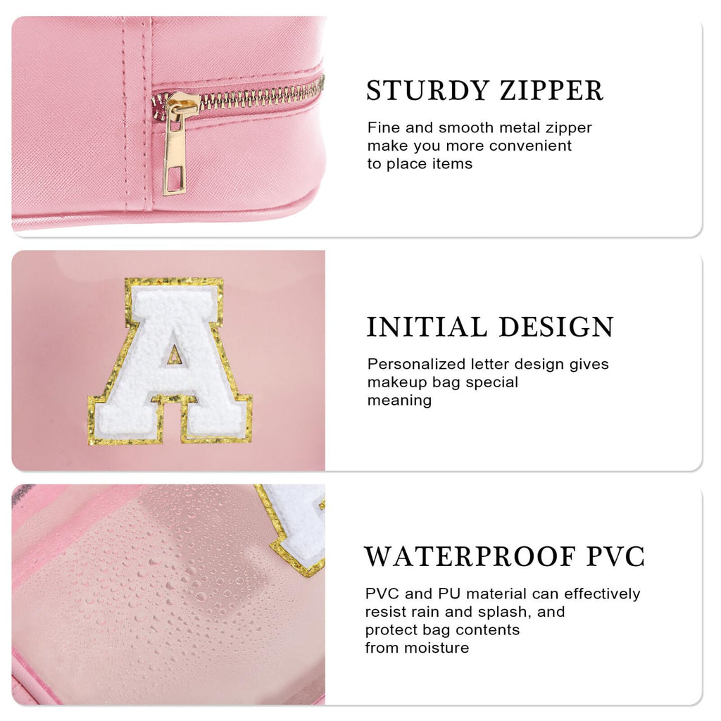 YOOLIFE Initial Make Up Bag Travel Toiletry Bag, Clear Makeup Bag Preppy Stuff Travel Essentials Pink Gifts for Women Teen Girlfriend Teacher Mom Birthday Birthday Gifts for Her Wife White A