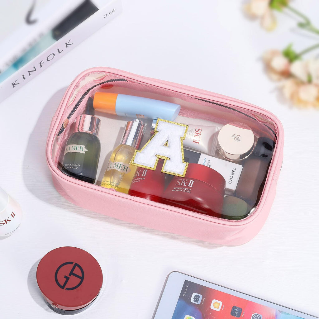 YOOLIFE Initial Make Up Bag Travel Toiletry Bag, Clear Makeup Bag Preppy Stuff Travel Essentials Pink Gifts for Women Teen Girlfriend Teacher Mom Birthday Birthday Gifts for Her Wife White A