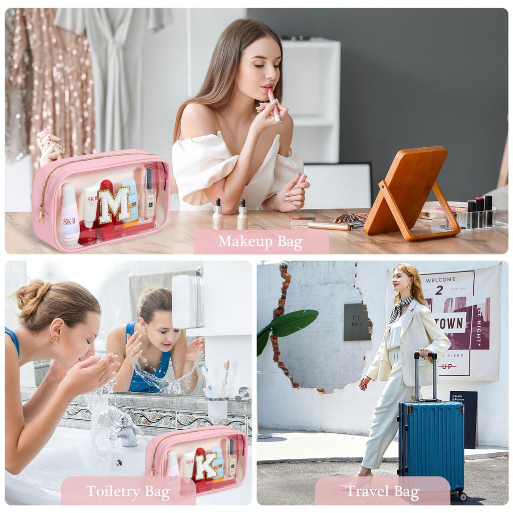 YOOLIFE Initial Make Up Bag Travel Toiletry Bag, Clear Makeup Bag Preppy Stuff Travel Essentials Pink Gifts for Women Teen Girlfriend Teacher Mom Birthday Birthday Gifts for Her Wife White A