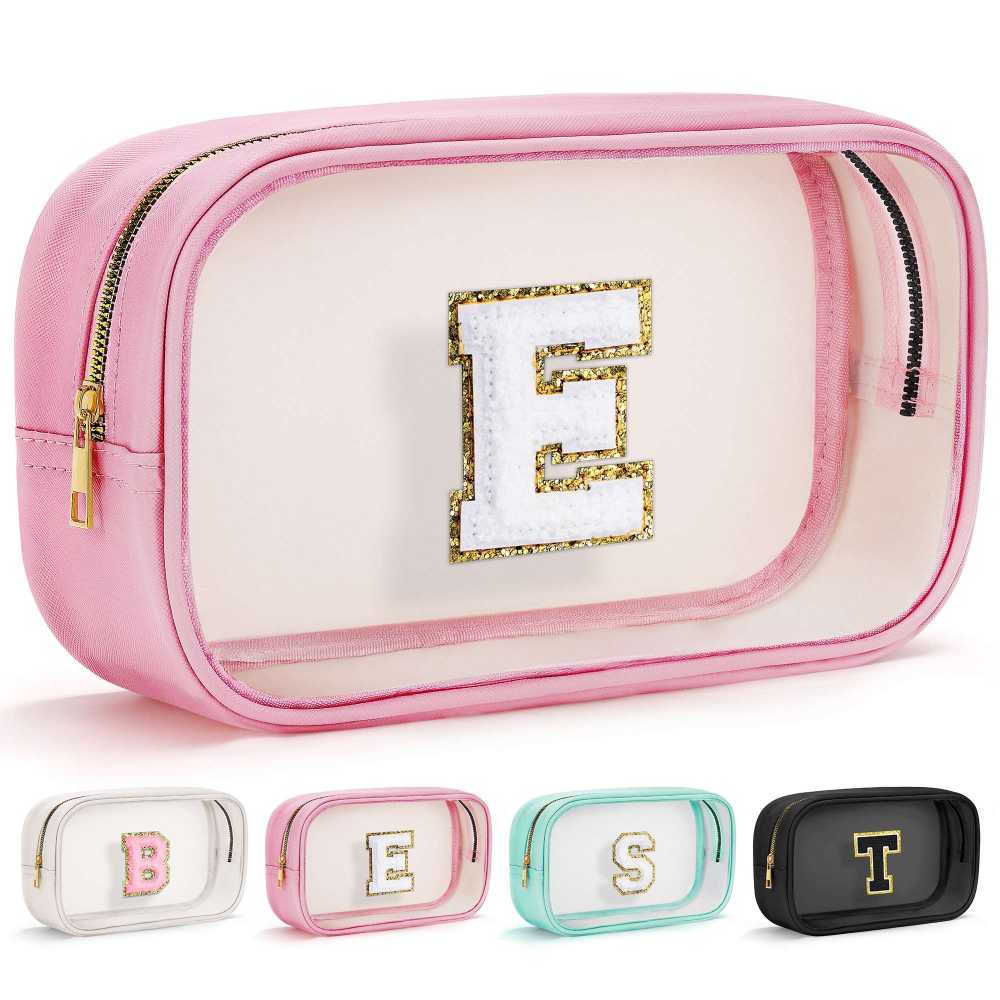 YOOLIFE Initial Make Up Bag Travel Toiletry Bag, Clear Makeup Bag Preppy Stuff Travel Essentials Pink Gifts for Women Teen Girlfriend Teacher Mom Birthday Birthday Gifts for Her Wife White A
