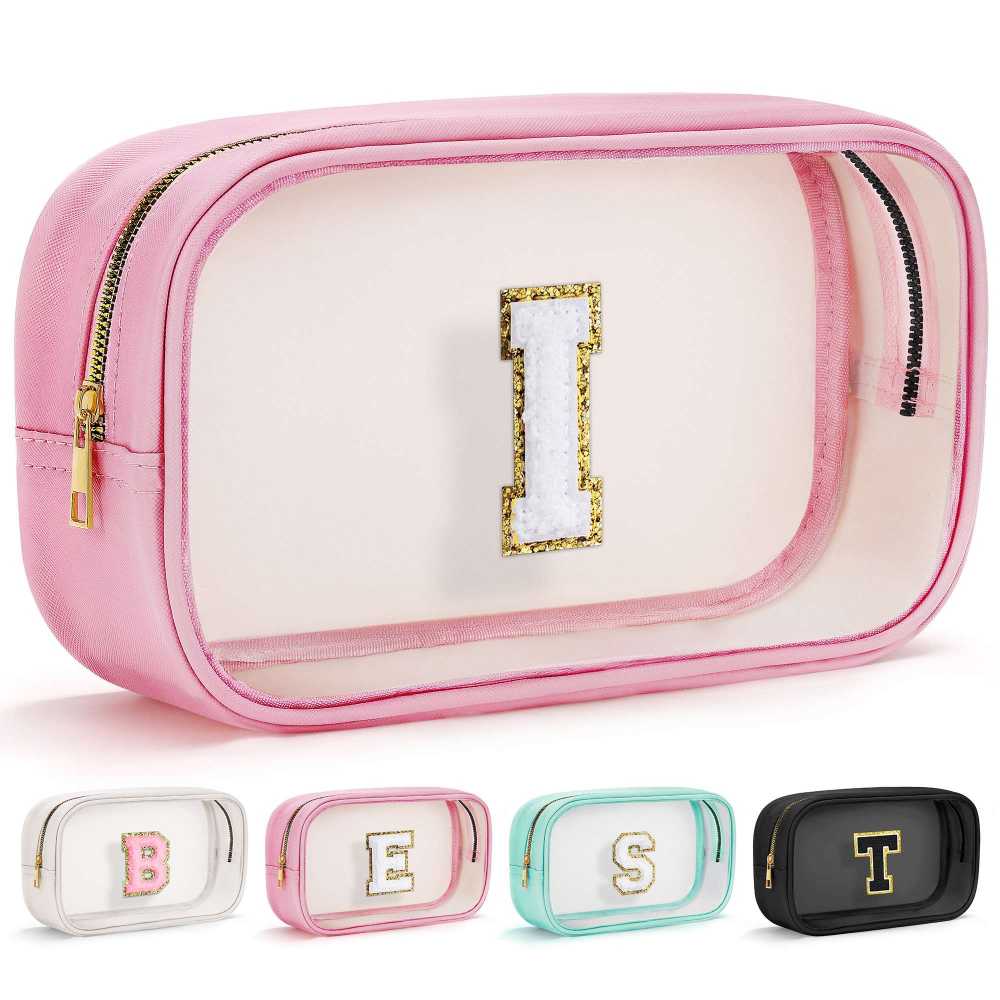 YOOLIFE Initial Make Up Bag Travel Toiletry Bag, Clear Makeup Bag Preppy Stuff Travel Essentials Pink Gifts for Women Teen Girlfriend Teacher Mom Birthday Birthday Gifts for Her Wife White A