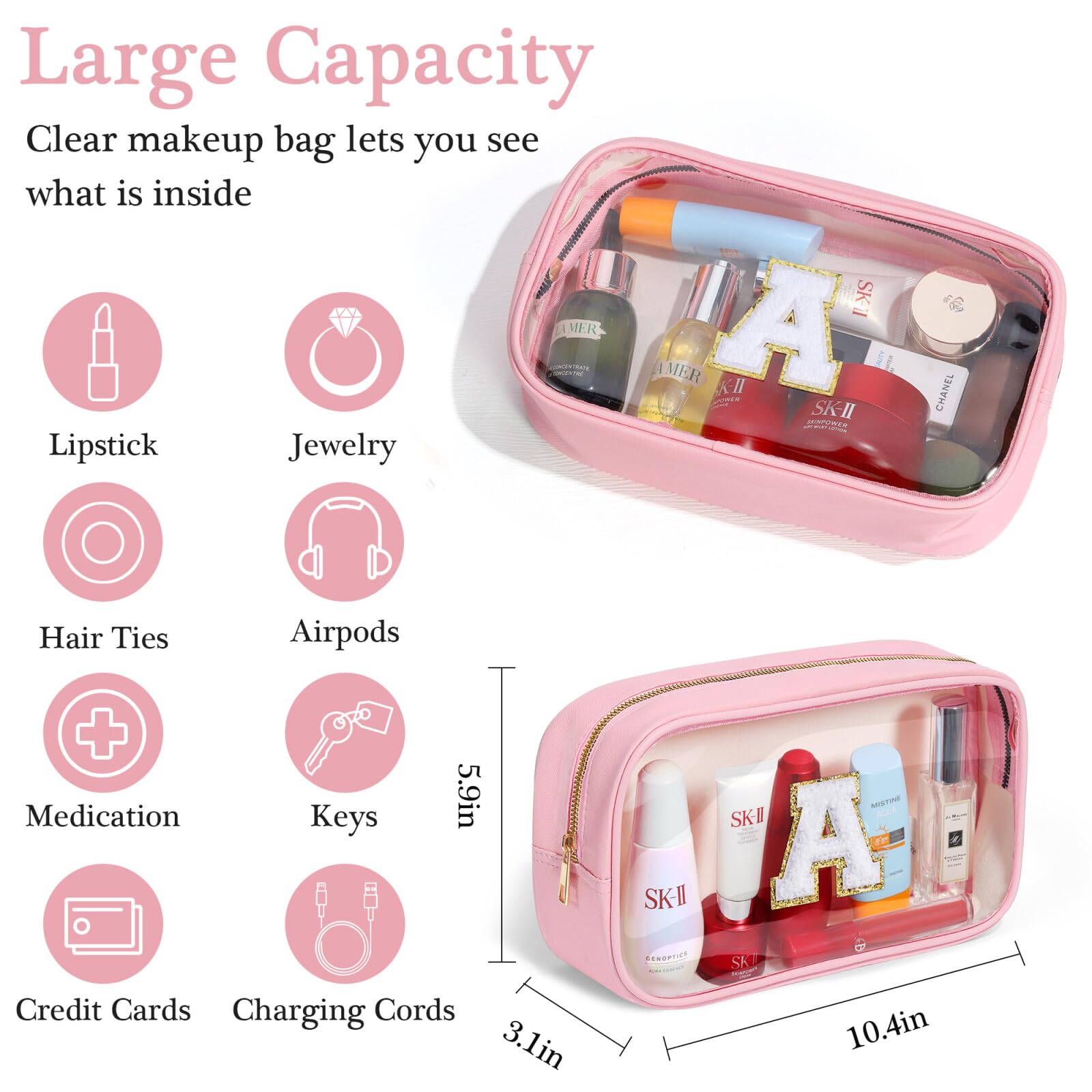 YOOLIFE Initial Make Up Bag Travel Toiletry Bag, Clear Makeup Bag Preppy Stuff Travel Essentials Pink Gifts for Women Teen Girlfriend Teacher Mom Birthday Birthday Gifts for Her Wife White A