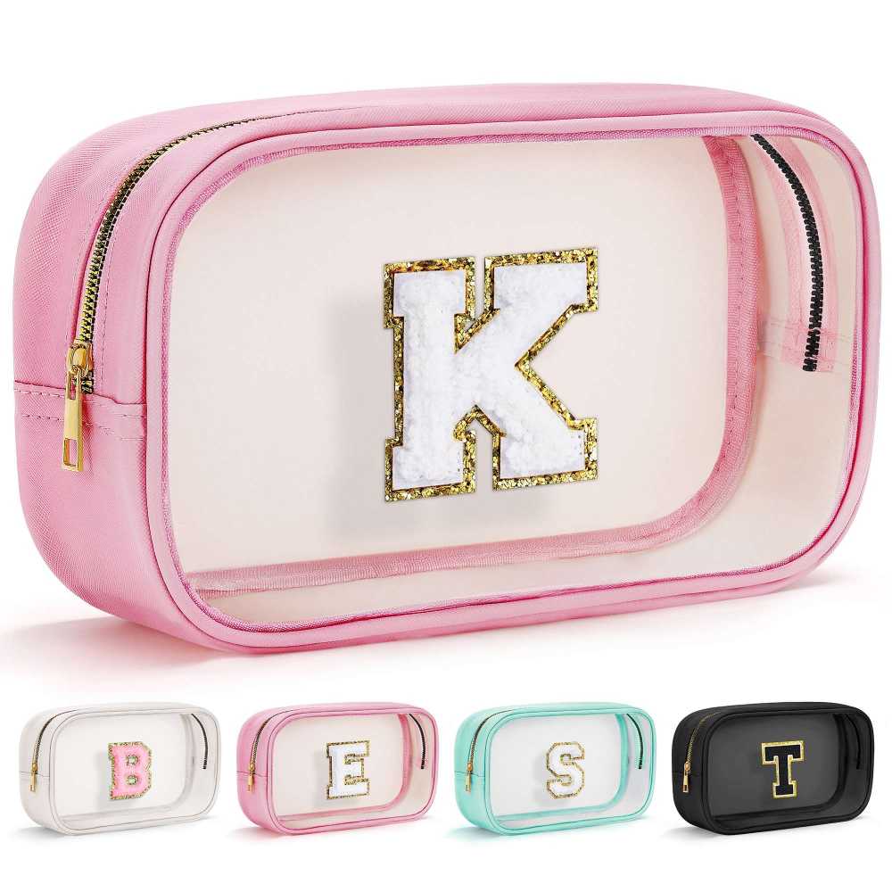 YOOLIFE Initial Make Up Bag Travel Toiletry Bag, Clear Makeup Bag Preppy Stuff Travel Essentials Pink Gifts for Women Teen Girlfriend Teacher Mom Birthday Birthday Gifts for Her Wife White A