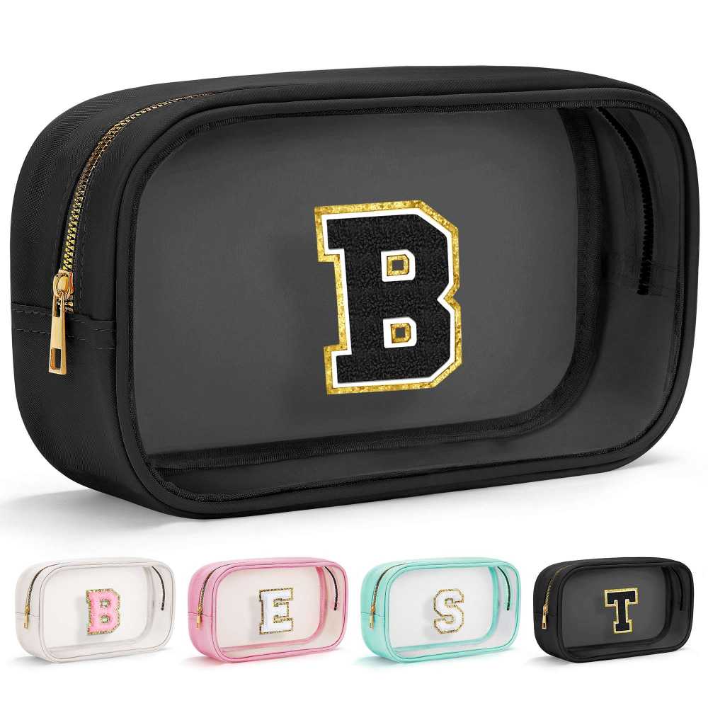 YOOLIFE Initial Make Up Bag Travel Toiletry Bag, Clear Makeup Bag Preppy Stuff Travel Essentials Pink Gifts for Women Teen Girlfriend Teacher Mom Birthday Birthday Gifts for Her Wife White A