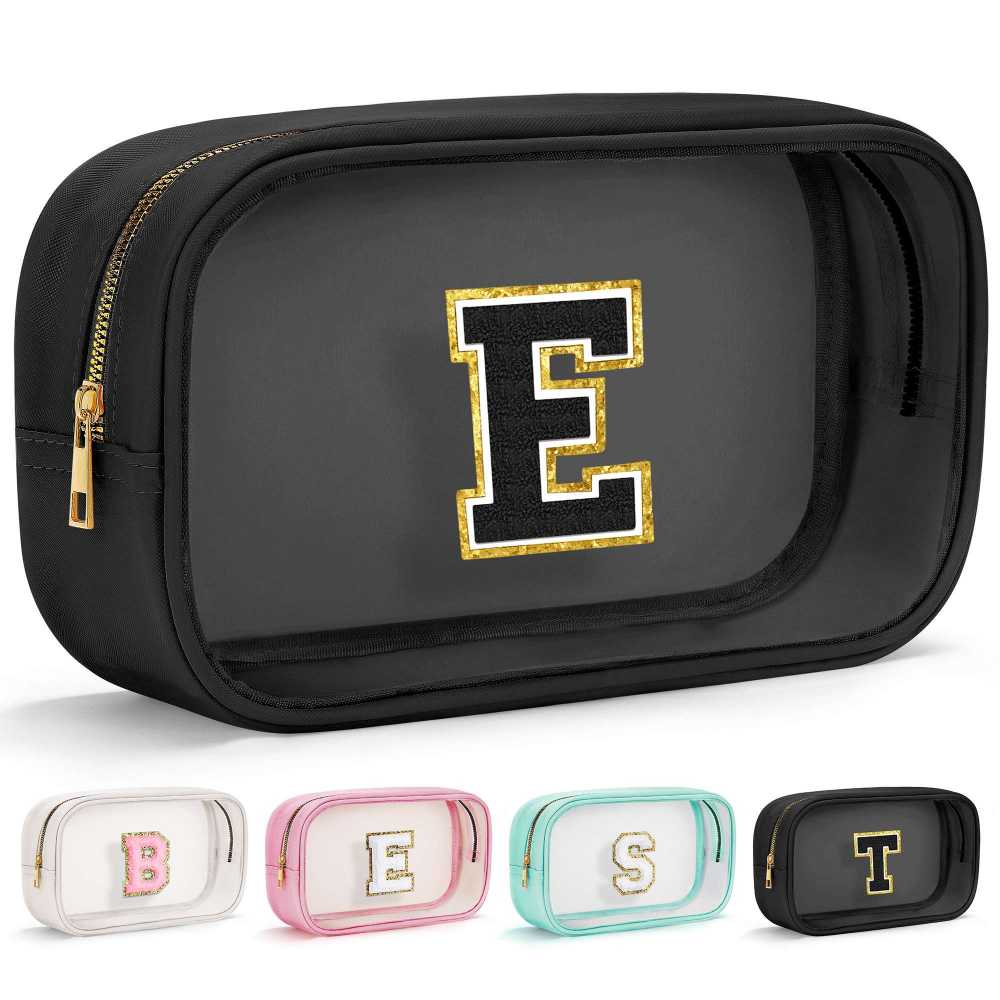 YOOLIFE Initial Make Up Bag Travel Toiletry Bag, Clear Makeup Bag Preppy Stuff Travel Essentials Pink Gifts for Women Teen Girlfriend Teacher Mom Birthday Birthday Gifts for Her Wife White A