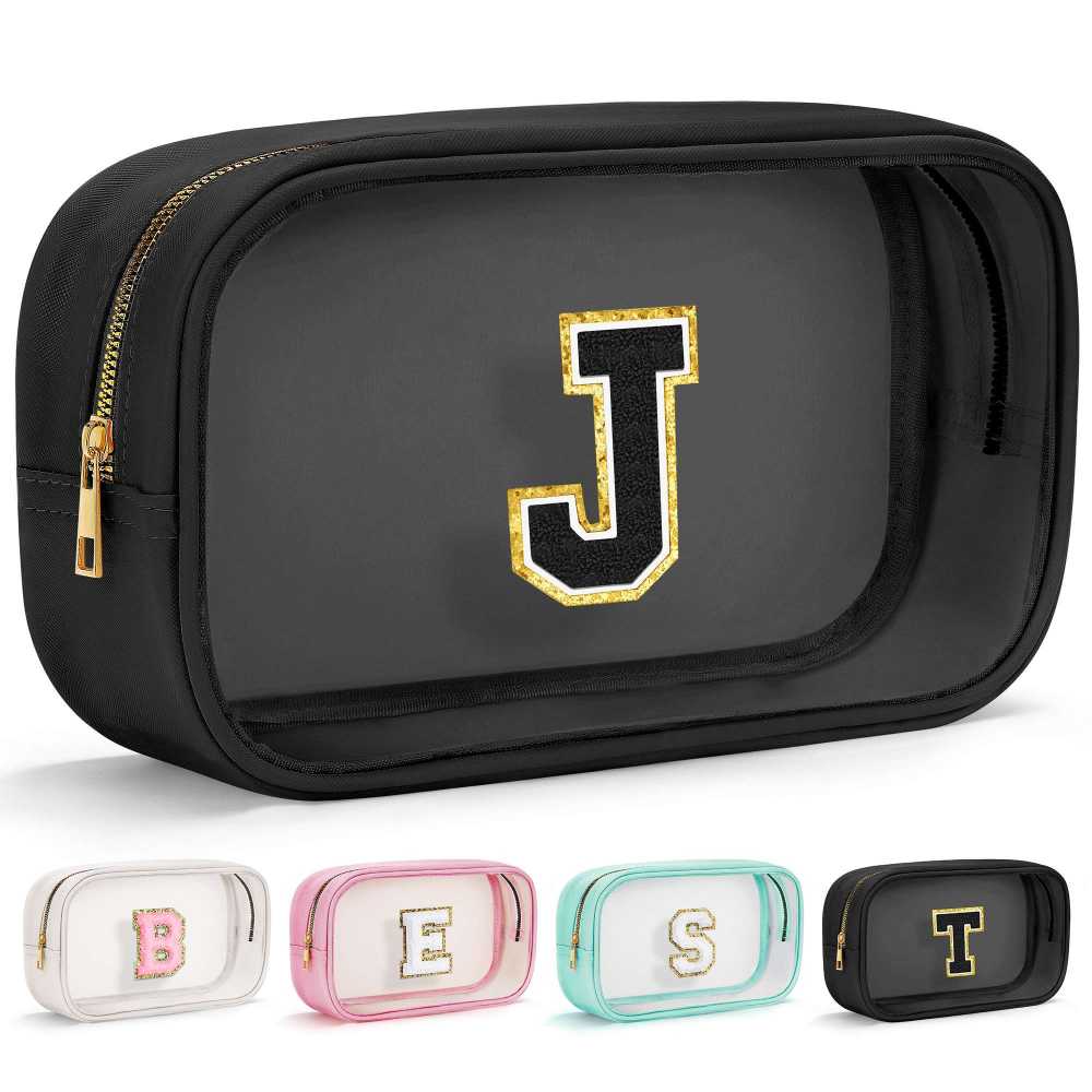 YOOLIFE Initial Make Up Bag Travel Toiletry Bag, Clear Makeup Bag Preppy Stuff Travel Essentials Pink Gifts for Women Teen Girlfriend Teacher Mom Birthday Birthday Gifts for Her Wife White A
