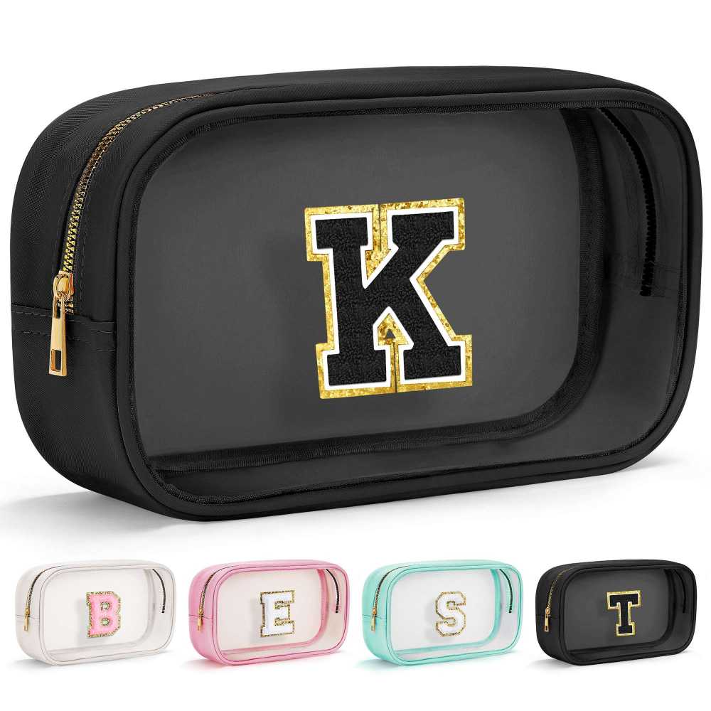 YOOLIFE Initial Make Up Bag Travel Toiletry Bag, Clear Makeup Bag Preppy Stuff Travel Essentials Pink Gifts for Women Teen Girlfriend Teacher Mom Birthday Birthday Gifts for Her Wife White A