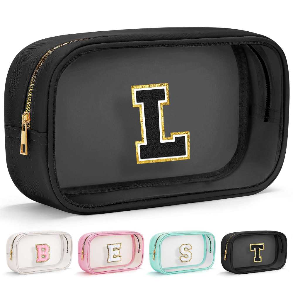 YOOLIFE Initial Make Up Bag Travel Toiletry Bag, Clear Makeup Bag Preppy Stuff Travel Essentials Pink Gifts for Women Teen Girlfriend Teacher Mom Birthday Birthday Gifts for Her Wife White A